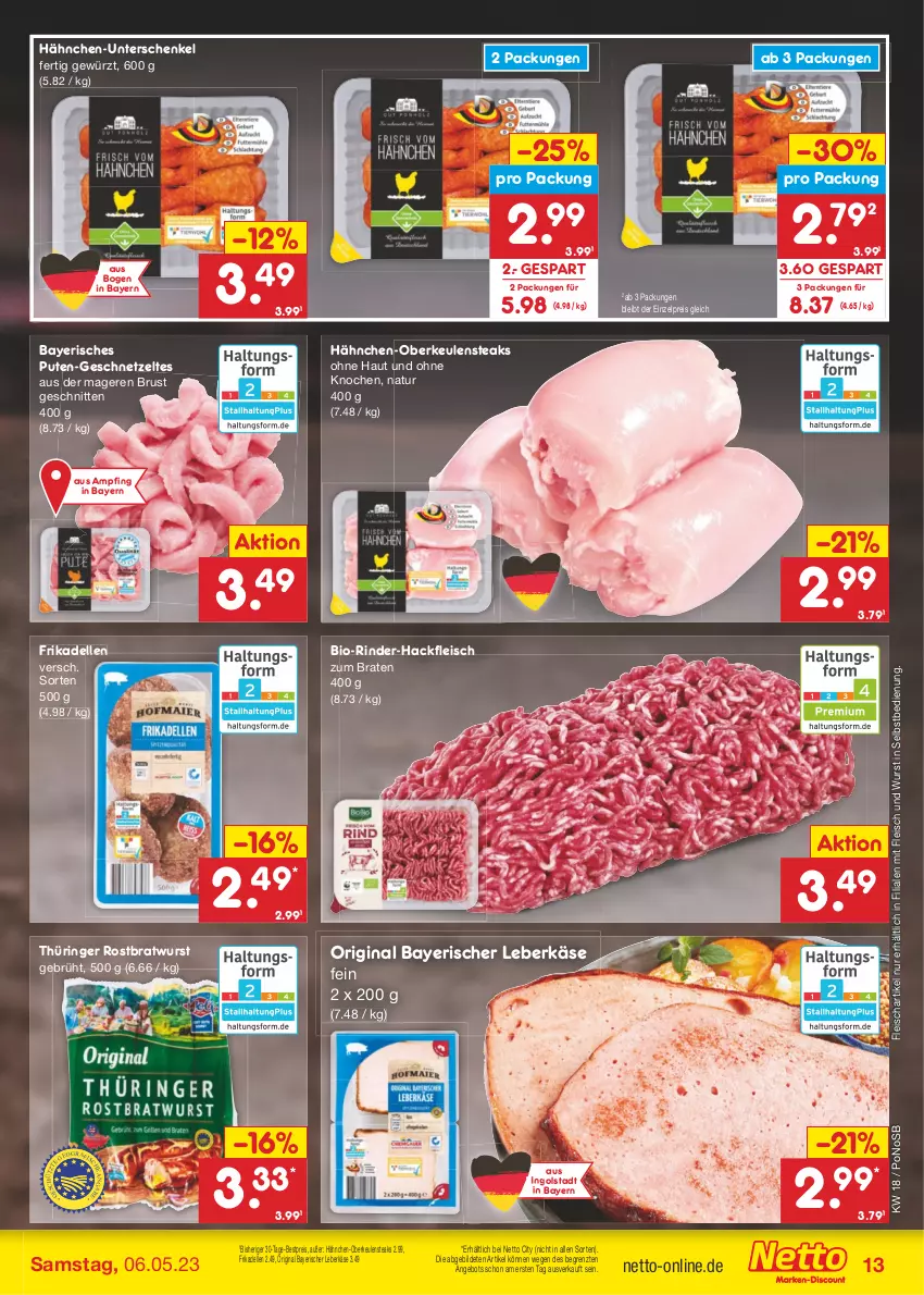 Aktueller Prospekt Netto Marken-Discount - Filial-Angebote - von 02.05 bis 06.05.2023 - strona 13 - produkty: angebot, bestpreis, bio, braten, bratwurst, dell, eis, elle, fleisch, frikadellen, geschnetzeltes, gewürz, gin, hackfleisch, Hähnchen-Oberkeulen, henkel, Käse, leberkäs, leberkäse, natur, pute, reis, rind, rinder, rinder-hackfleisch, ring, rostbratwurst, schenkel, schnitten, steak, steaks, thüringer rostbratwurst, Ti, wurst, wurst in selbstbedienung, Zelt, ZTE