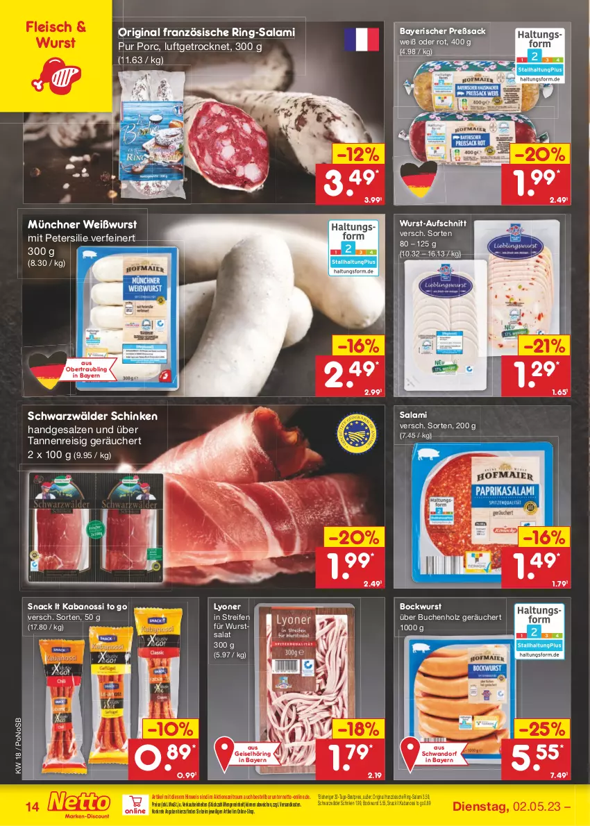 Aktueller Prospekt Netto Marken-Discount - Filial-Angebote - von 02.05 bis 06.05.2023 - strona 14 - produkty: aufschnitt, bestpreis, bockwurst, buch, eis, fleisch, gin, Holz, kabanos, lyoner, ndk, petersilie, reifen, reis, ring, sac, salami, salat, salz, schinken, schwarzwälder schinken, snack, Ti, Weißwurst, wurst, Yo, ZTE