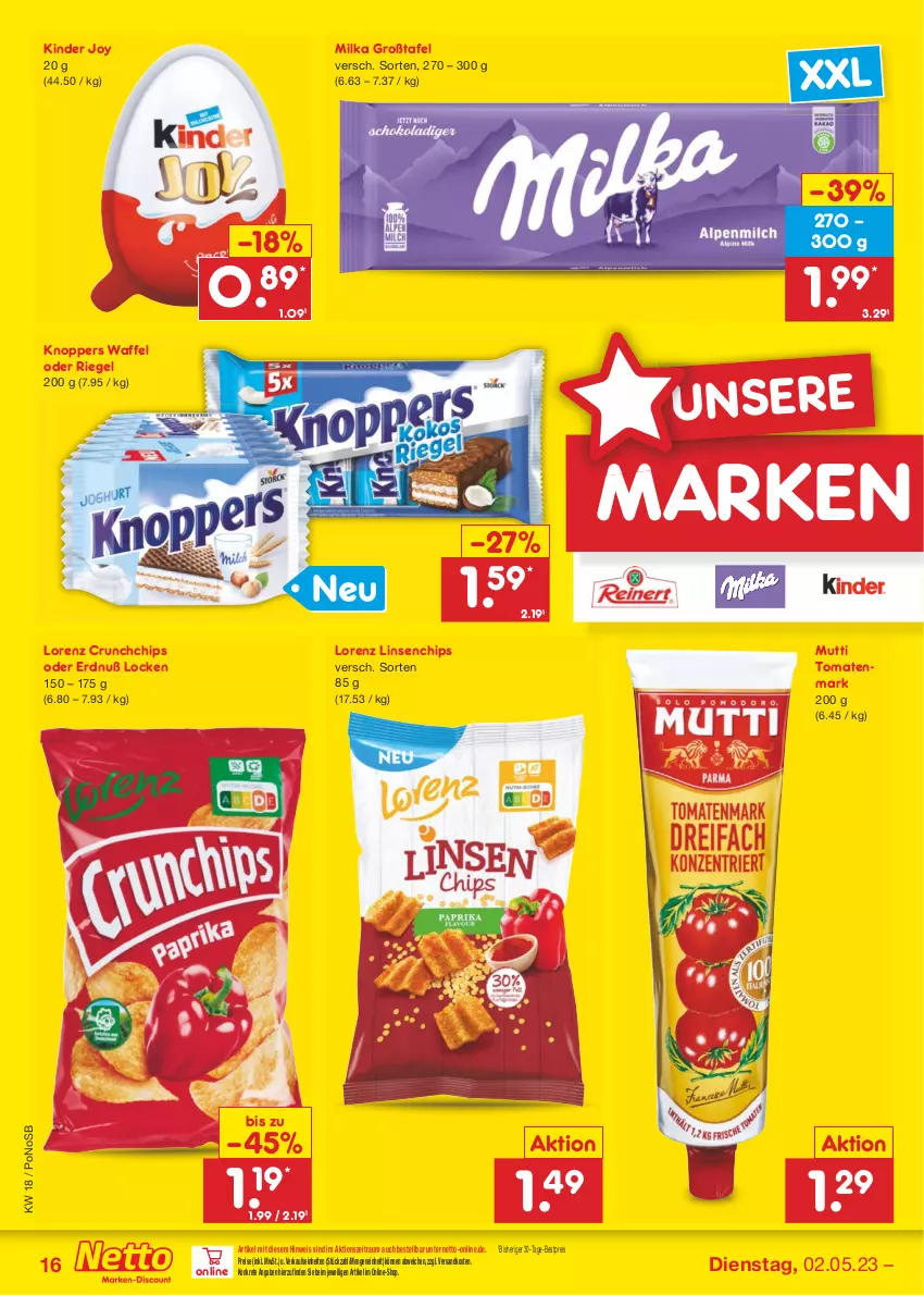 Aktueller Prospekt Netto Marken-Discount - Filial-Angebote - von 02.05 bis 06.05.2023 - strona 16 - produkty: bestpreis, chips, eis, Kinder, knoppers, linsen, lorenz, milka, Mutti, ndk, reis, riegel, Ti, tomate, tomaten, tomatenmark