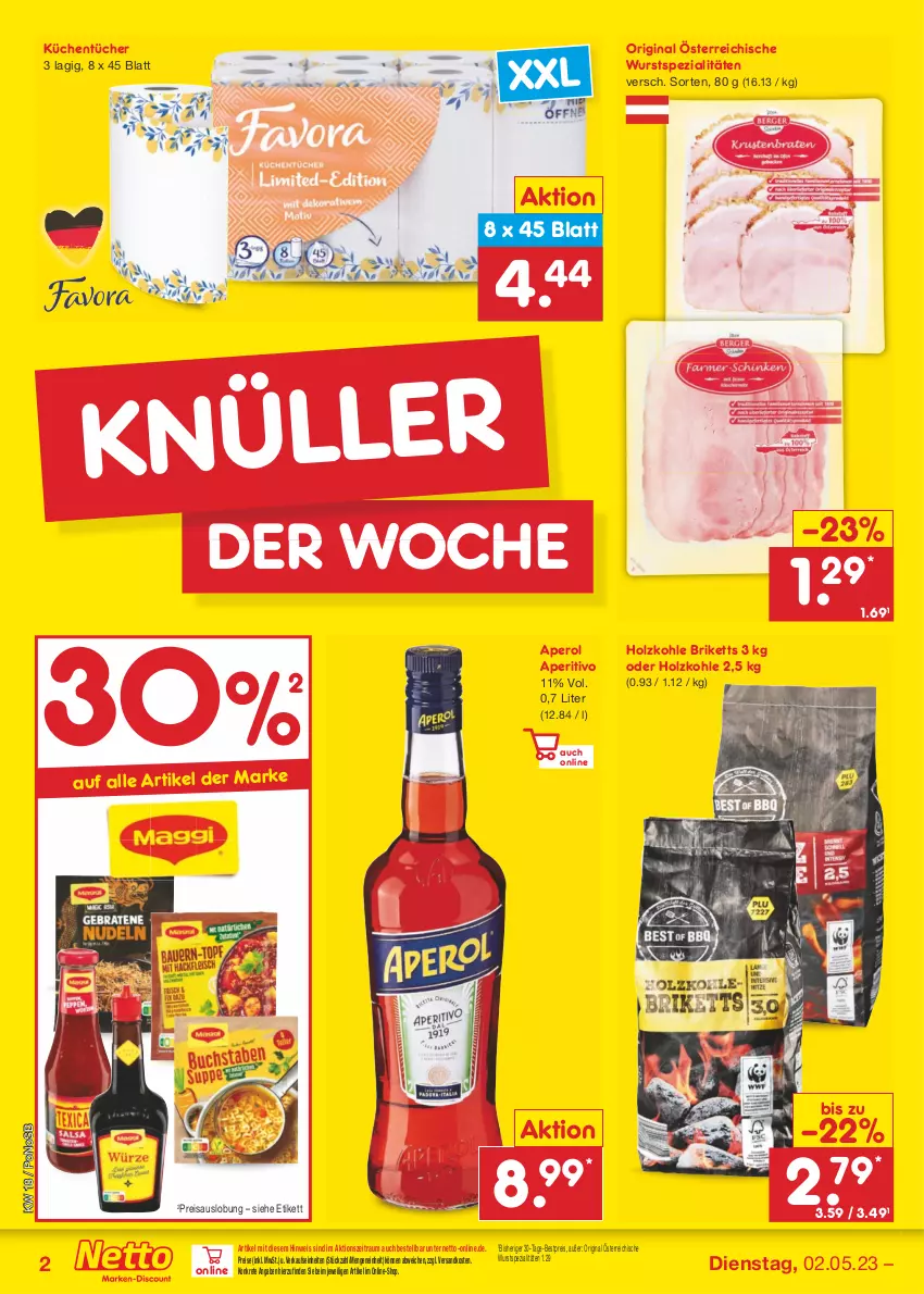 Aktueller Prospekt Netto Marken-Discount - Filial-Angebote - von 02.05 bis 06.05.2023 - strona 2 - produkty: aperol, bestpreis, briketts, eis, gin, Holz, holzkohle, küche, Küchen, küchentücher, ndk, reis, Spezi, Ti, tücher, wurst