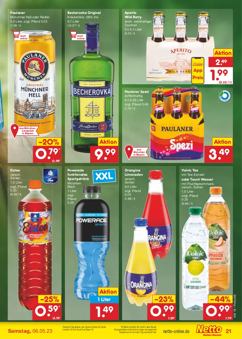 Aktueller Prospekt Netto Marken-Discount - Filial-Angebote - von 02.05 bis 06.05.2023 - strona 21 - produkty: angebot, Becher, Becherovka, bestpreis, Cap, cocktail, eis, eistee, frucht, getränk, gin, hero, kräuter, kräuterlikör, likör, limo, limonade, limonaden, mac, mit frucht, oder radler, orangina, Paula, paulaner, radler, reis, Spezi, Sport, tee, Ti, volvic, wasser, wein, Wild, wild berry, ZTE