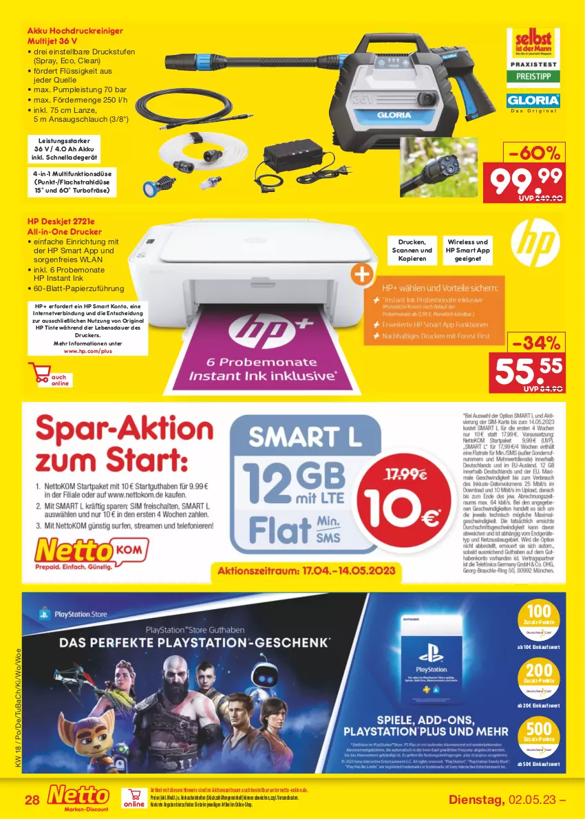 Aktueller Prospekt Netto Marken-Discount - Filial-Angebote - von 02.05 bis 06.05.2023 - strona 28 - produkty: akku, auer, drucker, eis, elle, gin, hochdruckreiniger, HP, lachs, ladegerät, ndk, papier, reiniger, reis, rel, schlauch, Ti