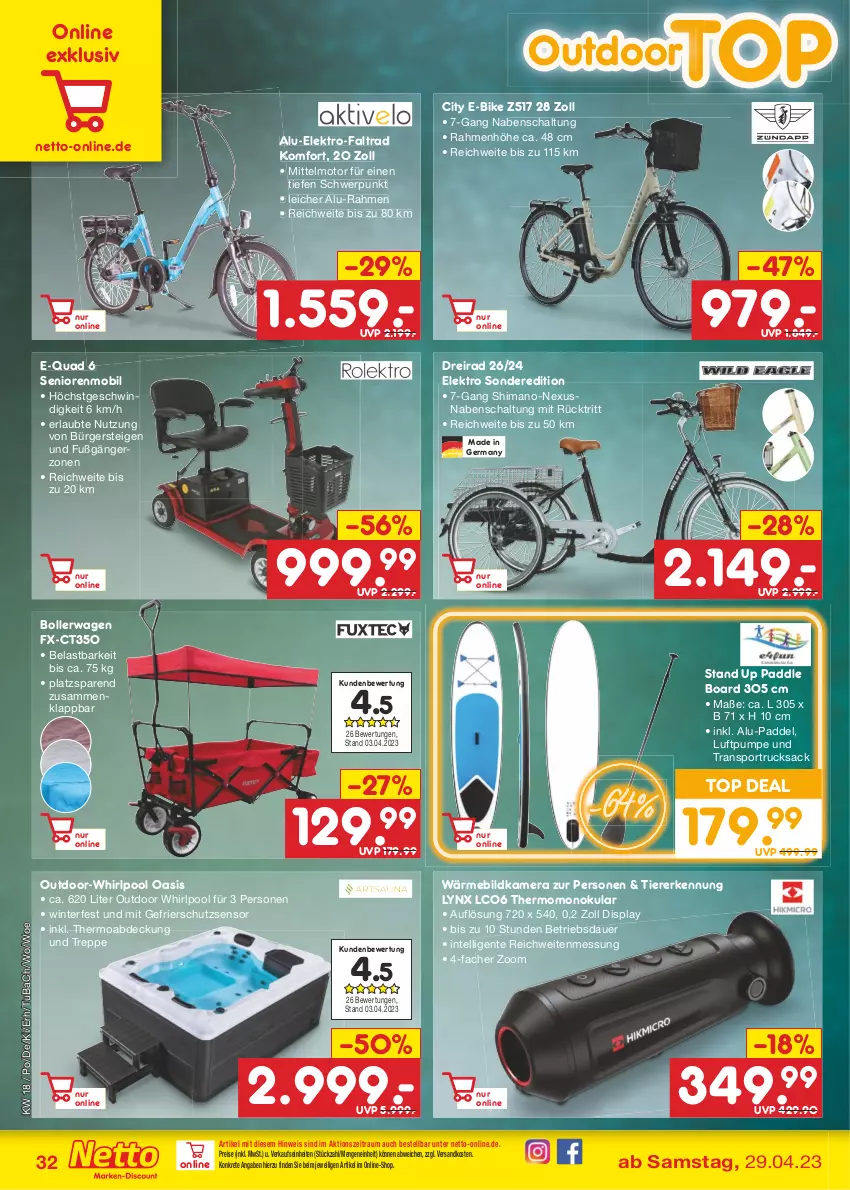 Aktueller Prospekt Netto Marken-Discount - Filial-Angebote - von 02.05 bis 06.05.2023 - strona 32 - produkty: auer, bollerwagen, Dreirad, E-Bike, eis, Elektro, ente, Germ, Intel, kamera, ndk, nexus, pool, quad, reis, rucksack, sac, Schal, shimano, Sport, Ti, Tiere, Whirlpool