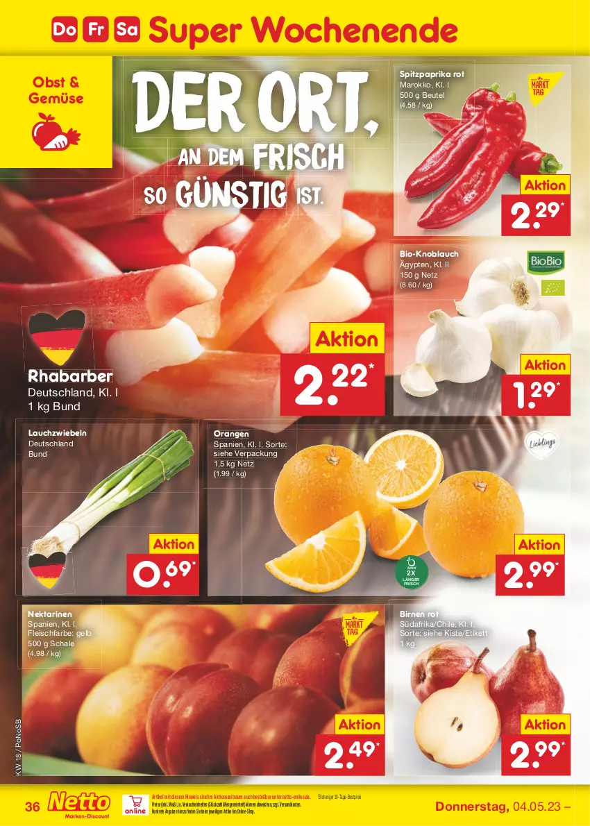 Aktueller Prospekt Netto Marken-Discount - Filial-Angebote - von 02.05 bis 06.05.2023 - strona 36 - produkty: bestpreis, beutel, bio, Birnen, eis, fleisch, knoblauch, Lauchzwiebel, lauchzwiebeln, ndk, Nektar, nektarinen, obst, orange, orangen, paprika, paprika rot, reis, rhabarber, Schal, Schale, Spitzpaprika, Ti, zwiebel, zwiebeln