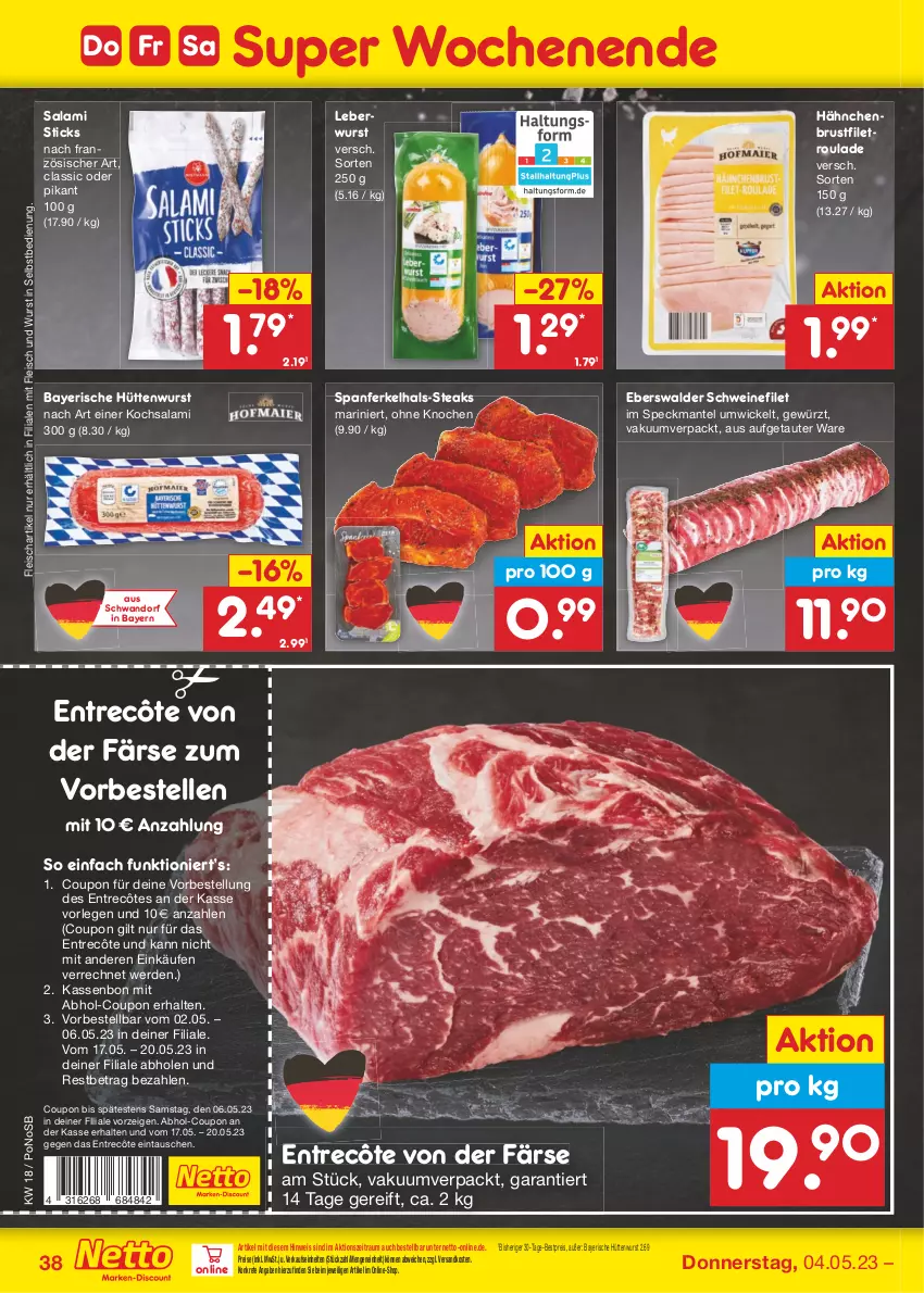 Aktueller Prospekt Netto Marken-Discount - Filial-Angebote - von 02.05 bis 06.05.2023 - strona 38 - produkty: bestpreis, brustfilet, coupon, eis, elle, entrecôte, erde, filet, fleisch, gewürz, hähnchenbrust, hähnchenbrustfilet, leberwurst, Mantel, ndk, reis, salami, schwein, schweine, schweinefilet, Speck, steak, steaks, Ti, wein, weine, WICK, wurst, wurst in selbstbedienung