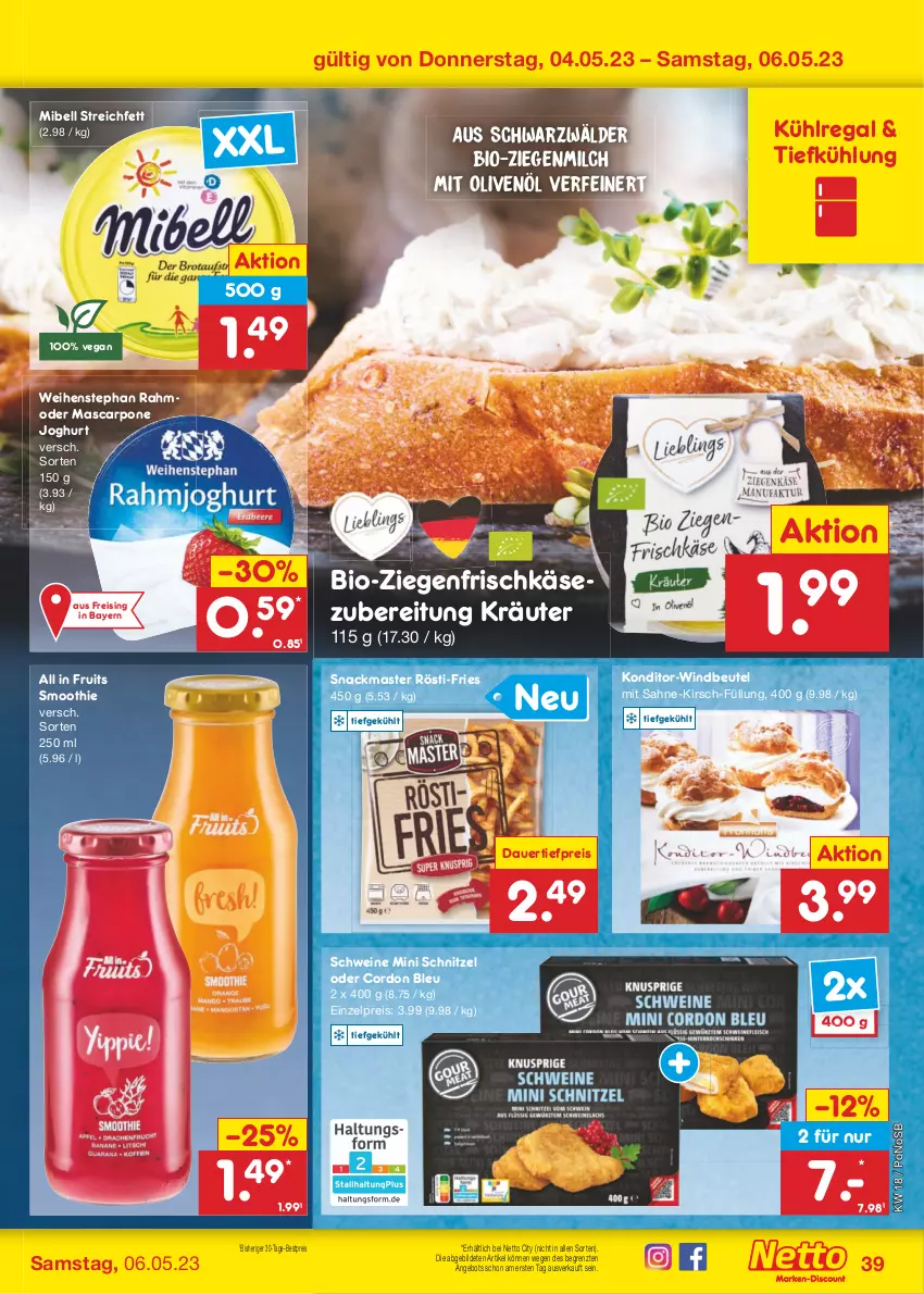 Aktueller Prospekt Netto Marken-Discount - Filial-Angebote - von 02.05 bis 06.05.2023 - strona 39 - produkty: angebot, auer, bestpreis, beutel, bio, cordon bleu, dauertiefpreis, eis, frischkäse, joghur, joghurt, Käse, kirsch, kräuter, kühlregal, mascarpone, milch, Mode, olive, oliven, olivenöl, regal, reis, sahne, schnitzel, schwein, schweine, smoothie, snack, Ti, tiefpreis, weihenstephan, wein, weine, Windbeutel, ziegenfrischkäse, ZTE