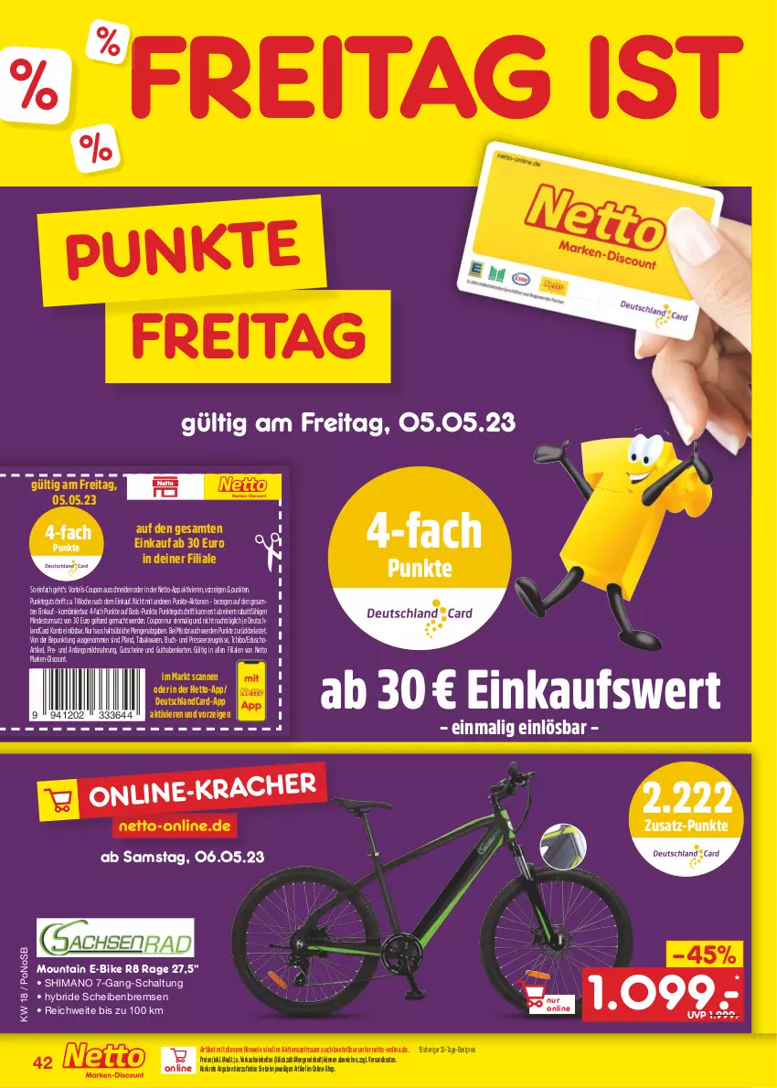 Aktueller Prospekt Netto Marken-Discount - Filial-Angebote - von 02.05 bis 06.05.2023 - strona 42 - produkty: bestpreis, buch, coupon, deutschlandcard, discount, E-Bike, eduscho, eis, erde, guthabenkarte, gutschein, gutscheine, mac, marken-discount, milch, ndk, Rauch, reis, Schal, shimano, Tchibo, Ti