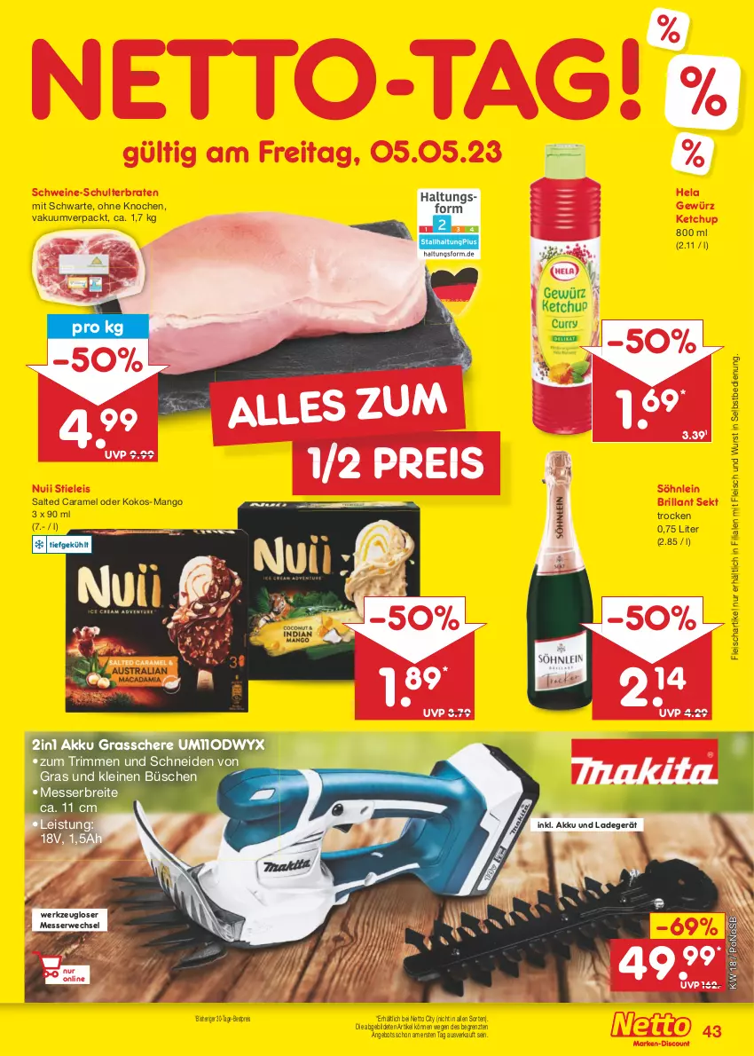 Aktueller Prospekt Netto Marken-Discount - Filial-Angebote - von 02.05 bis 06.05.2023 - strona 43 - produkty: akku, angebot, bestpreis, braten, Brei, brillant sekt, caramel, eis, fleisch, gewürz, Grasschere, Hela, ketchup, kokos, ladegerät, leine, mango, messer, nuii, reis, rwe, Schere, schwein, schweine, sekt, söhnlein, söhnlein brillant, stieleis, Ti, wein, weine, werkzeug, wurst, wurst in selbstbedienung, ZTE