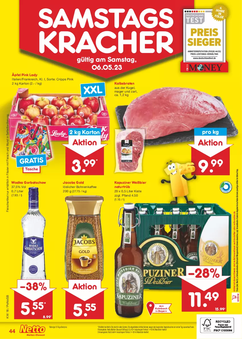 Aktueller Prospekt Netto Marken-Discount - Filial-Angebote - von 02.05 bis 06.05.2023 - strona 44 - produkty: angebot, angebote, bestpreis, bier, bohne, bohnen, bohnenkaffee, braten, discount, eis, fleisch, Gorbatschow, Holz, jacobs, Jacobs Gold, kaffee, kracher, Kugel, löslicher bohnenkaffee, marken-discount, natur, ndk, Pink Lady, reis, Tasche, Ti, wodka, wurst, wurst in selbstbedienung, ZTE