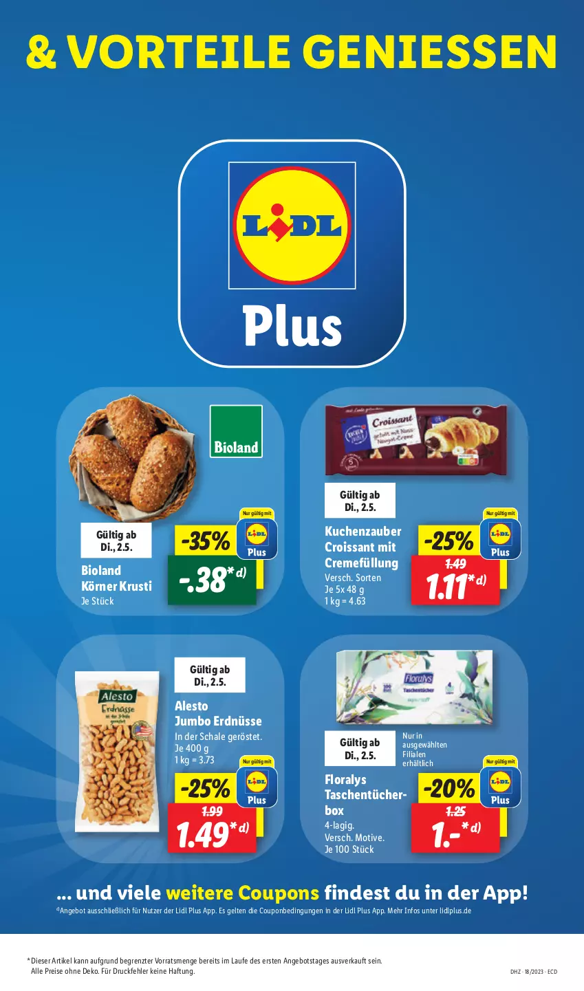 Aktueller Prospekt Lidl - Aktionsprospekt - von 02.05 bis 06.05.2023 - strona 11 - produkty: alesto, angebot, bio, bioland, coupon, coupons, creme, Croissant, eis, erdnüsse, Floralys, jumbo, kuchen, reis, Schal, Schale, Tasche, taschen, taschentücher, Taschentücherbox, Ti, tücher, ZTE