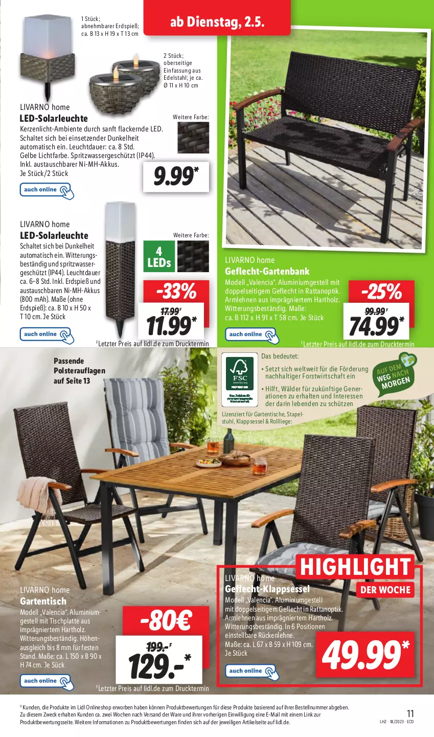 Aktueller Prospekt Lidl - Aktionsprospekt - von 02.05 bis 06.05.2023 - strona 15 - produkty: akku, aluminiumgestell, armlehnen, auer, aust, auto, Bank, dell, edelstahl, eis, ente, Garten, gartenbank, gartentisch, Gartentische, Holz, HP, kerze, klappsessel, lack, Lacke, latte, leds, Leuchte, Liege, Mode, reis, rückenlehne, Schal, Schütze, sessel, stuhl, Ti, tisch, tischplatte, wasser, weck, ZTE