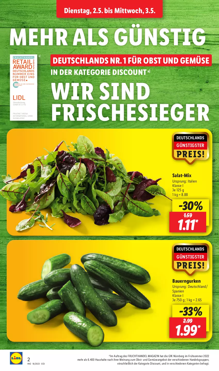 Aktueller Prospekt Lidl - Aktionsprospekt - von 02.05 bis 06.05.2023 - strona 2 - produkty: angebot, auer, Bau, Bauer, discount, eis, ente, frucht, gurke, gurken, magazin, obst, Obst und Gemüse, reis, salat, Ti, und gemüse