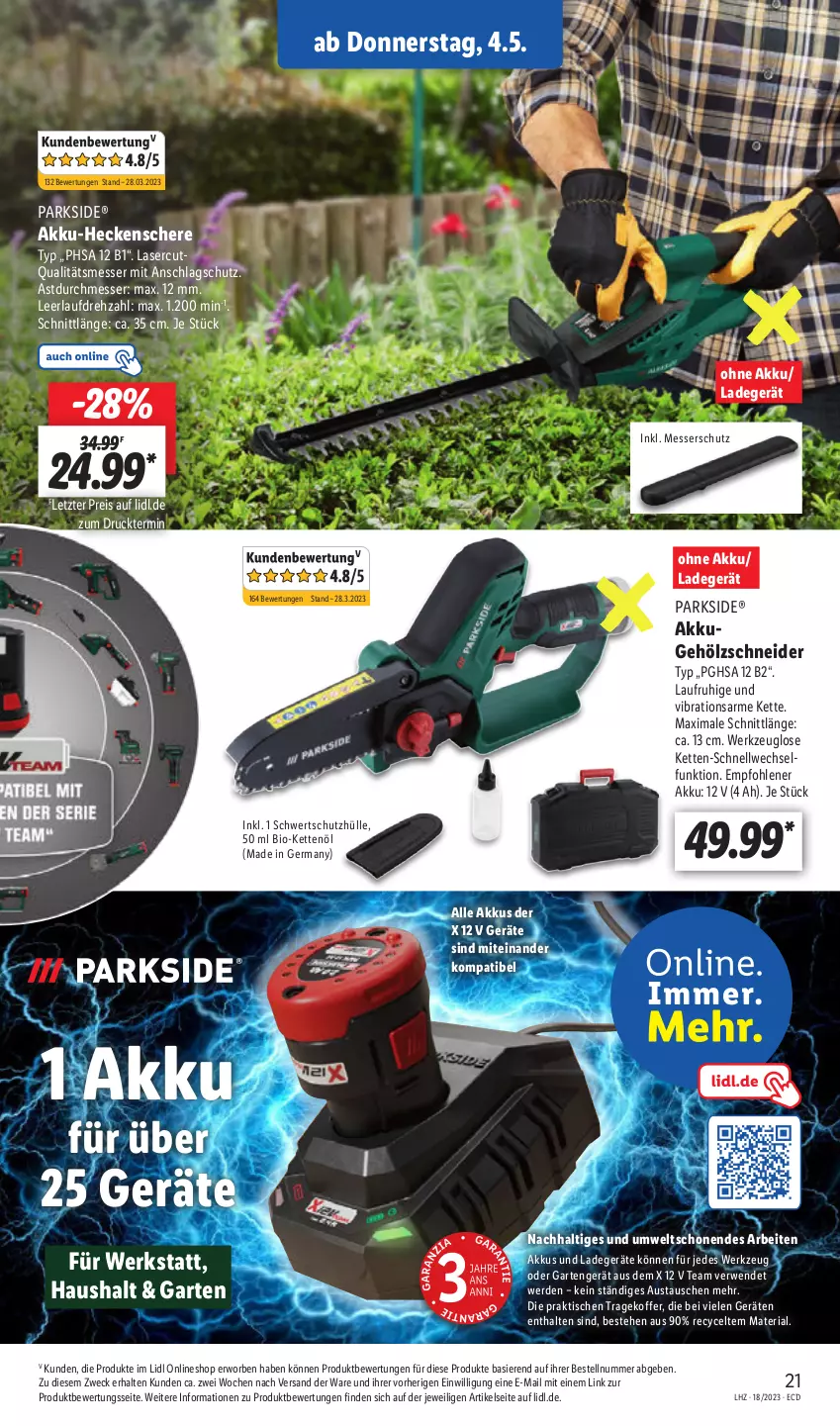 Aktueller Prospekt Lidl - Aktionsprospekt - von 02.05 bis 06.05.2023 - strona 27 - produkty: akku, akku-heckenschere, aust, bio, eis, erde, Garten, Germ, heckenschere, Kette, koffer, ladegerät, messer, Parkside, reis, Ria, rwe, Schere, Ti, tisch, weck, werkzeug, ZTE