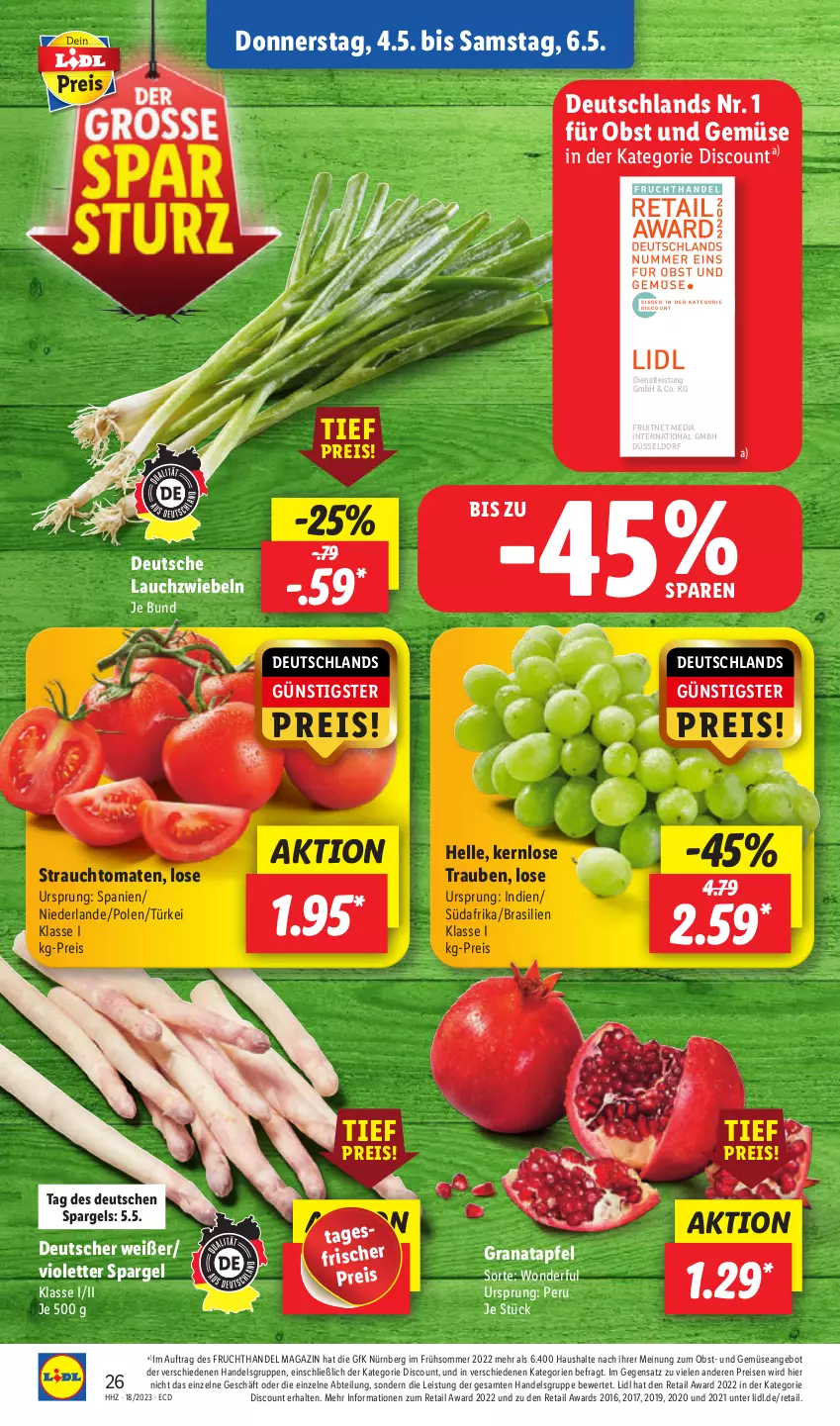 Aktueller Prospekt Lidl - Aktionsprospekt - von 02.05 bis 06.05.2023 - strona 34 - produkty: Abtei, angebot, apfel, discount, eis, elle, ente, frucht, grana, granatapfel, Lauchzwiebel, lauchzwiebeln, magazin, obst, Obst und Gemüse, Rana, Rauch, reis, spargel, strauchtomaten, Ti, tomate, tomaten, trauben, und gemüse, zwiebel, zwiebeln