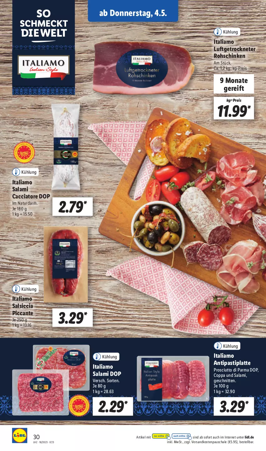 Aktueller Prospekt Lidl - Aktionsprospekt - von 02.05 bis 06.05.2023 - strona 38 - produkty: ACC, antipasti, asti, eis, italiamo, latte, natur, ndk, prosciutto, Prosciutto di Parma, reis, rohschinken, salami, salsiccia, Schal, Schale, schinken, schnitten, Ti