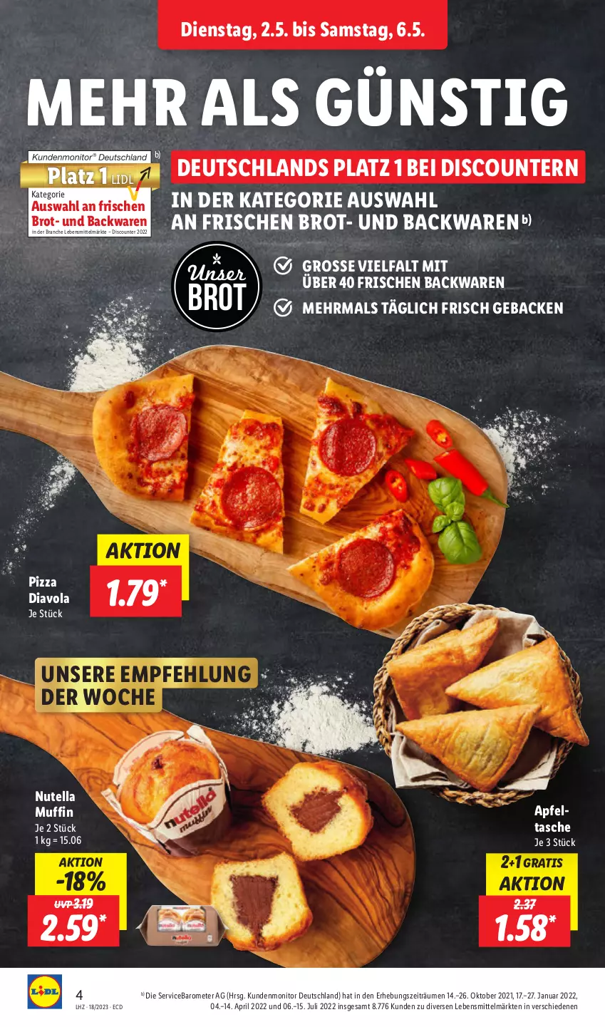 Aktueller Prospekt Lidl - Aktionsprospekt - von 02.05 bis 06.05.2023 - strona 4 - produkty: apfel, Apfeltasche, backwaren, brot, discount, geback, lebensmittel, monitor, Muffin, nutella, pizza, pril, Tasche, Ti