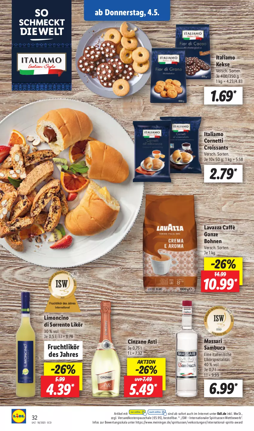 Aktueller Prospekt Lidl - Aktionsprospekt - von 02.05 bis 06.05.2023 - strona 40 - produkty: asti, bohne, bohnen, cin, cinzano, Cinzano Asti, Croissant, croissants, frucht, italiamo, keks, kekse, lavazza, likör, limo, ndk, sambuca, Schal, Schale, Spezi, spirituosen, Ti