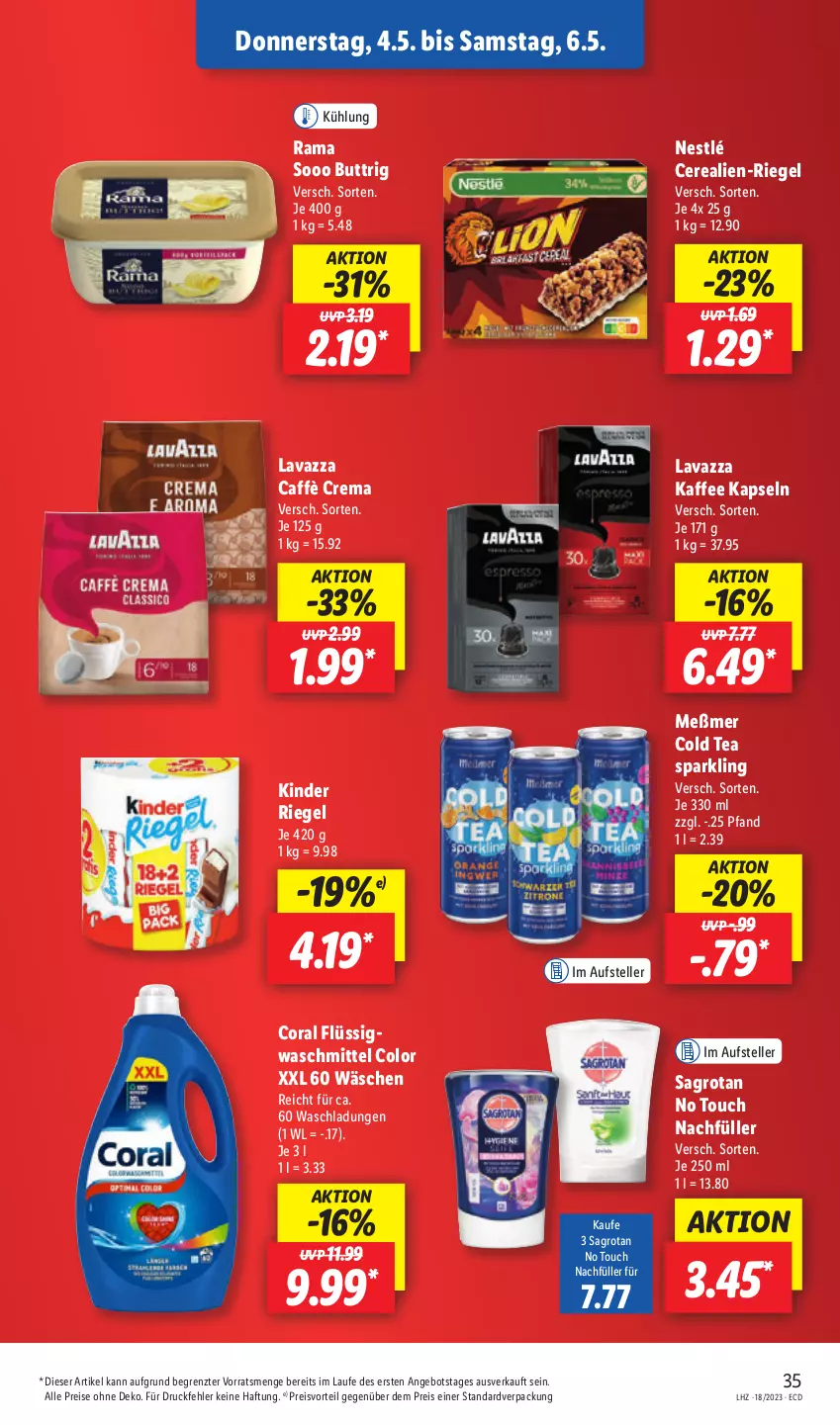 Aktueller Prospekt Lidl - Aktionsprospekt - von 02.05 bis 06.05.2023 - strona 47 - produkty: angebot, caffè crema, cerealien, Coral, eis, elle, kaffee, Kinder, kinder riegel, lavazza, Meßmer, nestlé, preisvorteil, rama, reis, riegel, sagrotan, teller, Ti, waschmittel, ZTE