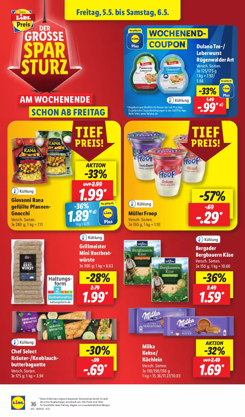 Aktueller Prospekt Lidl - Aktionsprospekt - von 02.05 bis 06.05.2023 - strona 52 - produkty: angebot, auer, baguette, Bau, Bauer, bergader, butter, coupon, drucker, dulano, eis, Engel, froop, giovanni rana, gnocchi, grill, Käse, keks, kekse, kerze, knoblauch, Knoblauchbutter, kräuter, leberwurst, Meister, milka, Müller, müller froop, papier, pfanne, pfannen, Rana, reis, rügenwalder, tee, Ti, wurst, ZTE