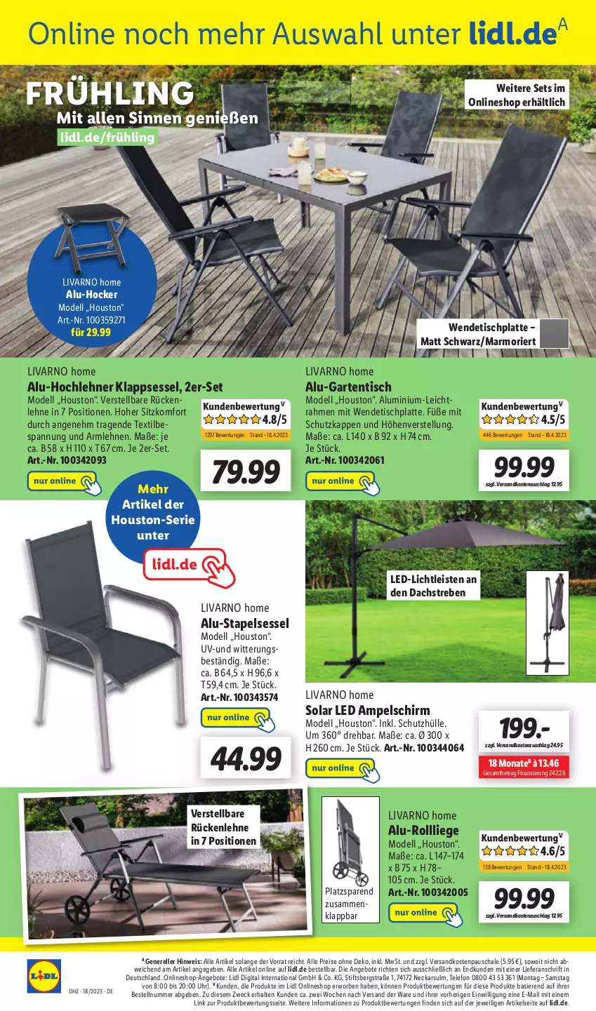 Aktueller Prospekt Lidl - Aktionsprospekt - von 02.05 bis 06.05.2023 - strona 56 - produkty: ampelschirm, angebot, angebote, armlehnen, dell, eis, elle, Garten, gartentisch, hocker, HP, klappsessel, latte, led-licht, Liege, Mode, ndk, reis, rel, rückenlehne, Schal, Schale, schutzhülle, sessel, stapelsessel, telefon, Ti, tisch, tischplatte, uhr, weck