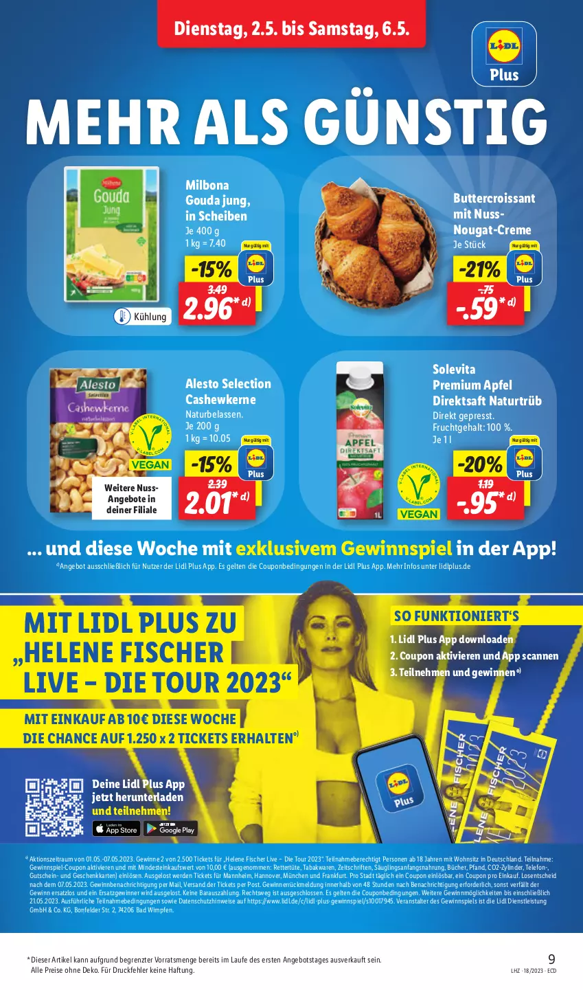 Aktueller Prospekt Lidl - Aktionsprospekt - von 02.05 bis 06.05.2023 - strona 9 - produkty: alesto, angebot, angebote, apfel, Bad, Bona, butter, Cashew, cashewkerne, coupon, creme, Croissant, direktsaft, eis, erde, fisch, fische, Fischer, frucht, gewinnspiel, gouda, gouda jung, gutschein, Milbona, natur, nuss, reis, saft, telefon, Ti, Tüte, vita, ZTE