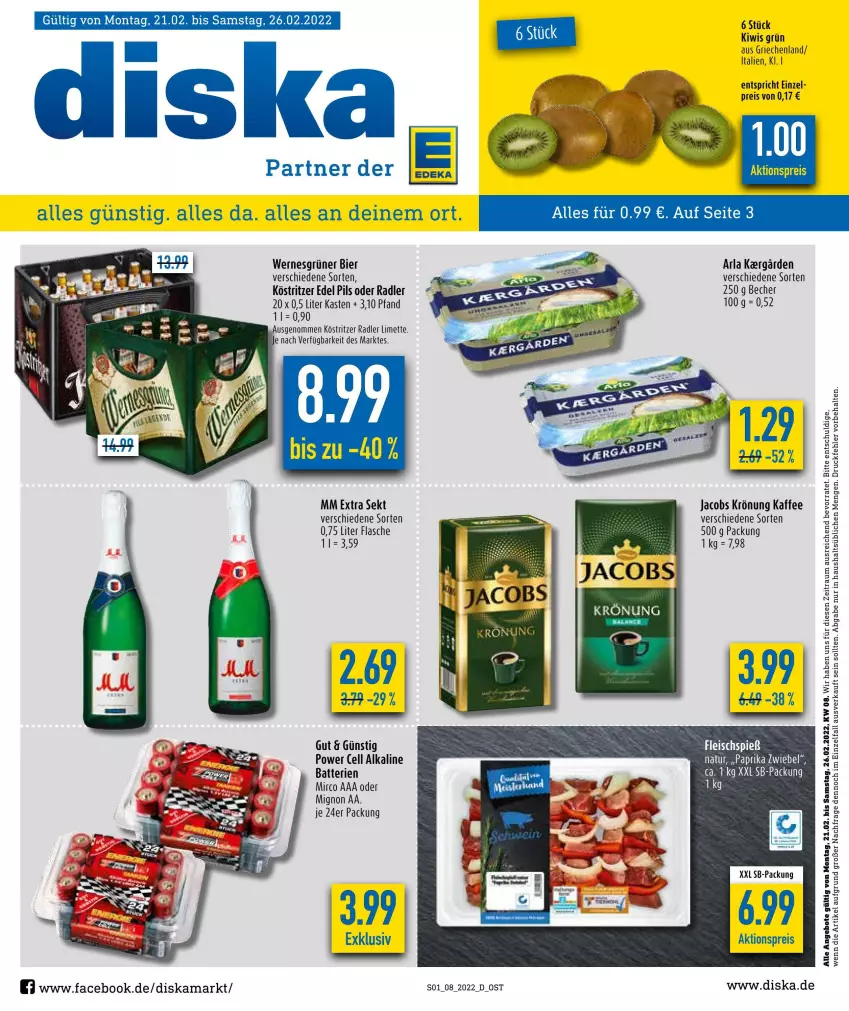 Aktueller Prospekt Diska - Prospekte - von 21.02 bis 26.02.2022 - strona 1 - produkty: aktionspreis, angebot, angebote, arla, batterie, batterien, Becher, bier, eis, flasche, jacobs, jacobs krönung, kaffee, kiwi, köstritzer, limette, Mett, mm extra, natur, oder radler, paprika, pils, radler, reis, sekt, Ti, zwiebel