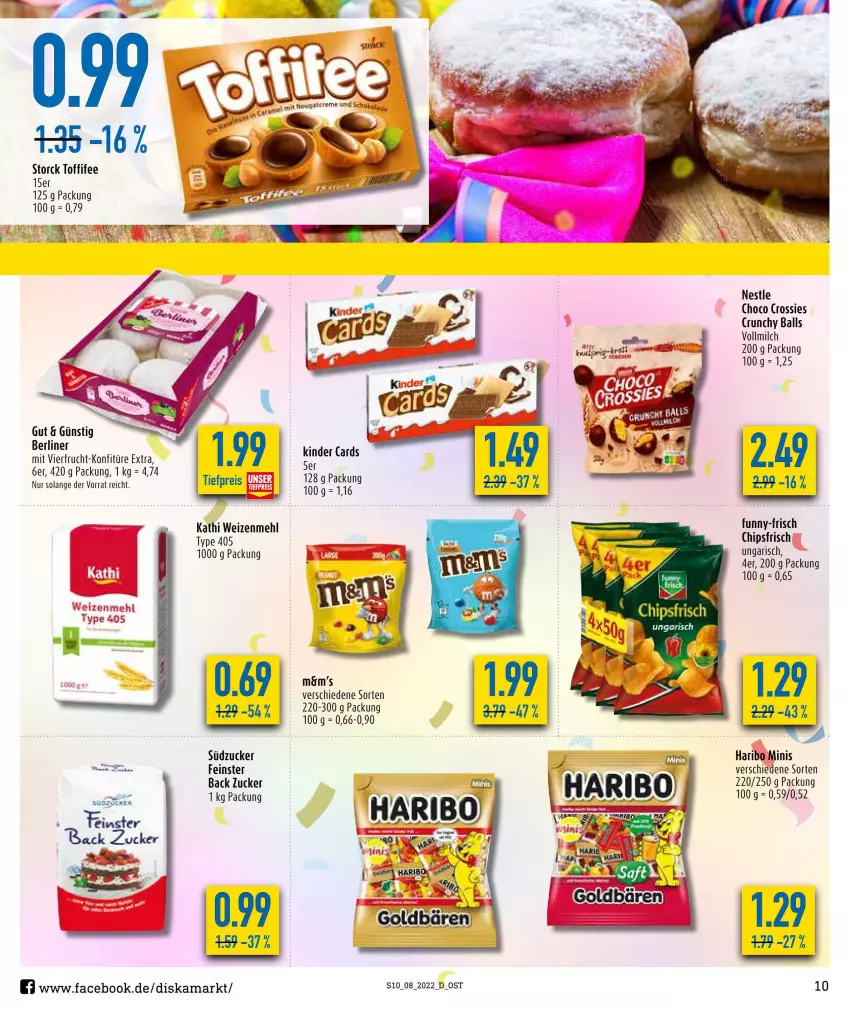 Aktueller Prospekt Diska - Prospekte - von 21.02 bis 26.02.2022 - strona 10 - produkty: ball, berliner, eis, frucht, haribo, Kinder, konfitüre, konfitüre extra, mehl, milch, reis, storck, südzucker, Ti, tiefpreis, toffifee, type 405, vollmilch, weizenmehl, zucker