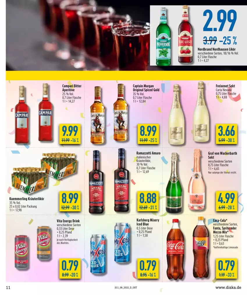 Aktueller Prospekt Diska - Prospekte - von 21.02 bis 26.02.2022 - strona 11 - produkty: amaro, campari, Cap, captain morgan, coca-cola, cola, drink, energy drink, fanta, flasche, freixenet, gin, karlsberg, karlsberg mixery, kräuter, kräuterlikör, kuemmerling, likör, limo, limonade, merl, Mezzo Mix, Mixer, mixery, nordbrand, original spiced gold, rama, ramazzott, ramazzotti, sekt, sprite, Ti, vita, Vita Energy, zott