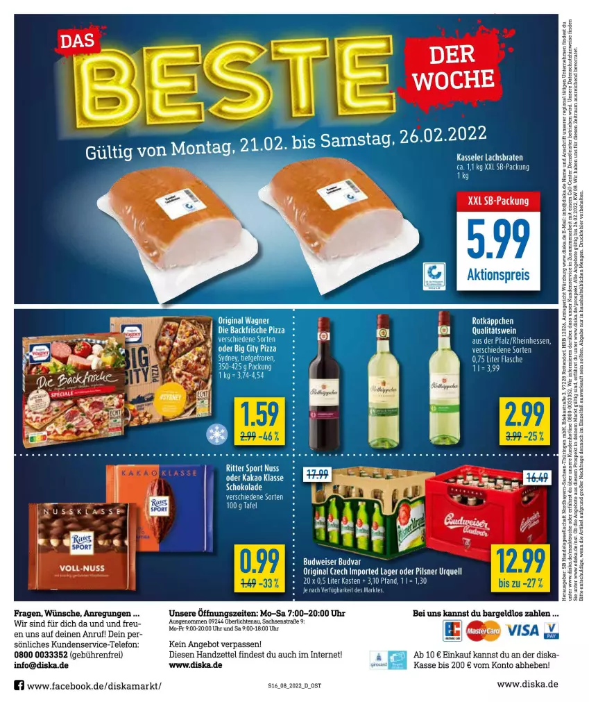 Aktueller Prospekt Diska - Prospekte - von 21.02 bis 26.02.2022 - strona 16 - produkty: angebot, angebote, Astra, braten, deka, eis, ente, flasche, gin, kakao, kasseler, lachs, Lachsbraten, nuss, pils, pilsner, pilsner urquell, qualitätswein, ring, ritter, ritter sport, sac, schoko, schokolade, Sport, tee, telefon, Ti, uhr, wein