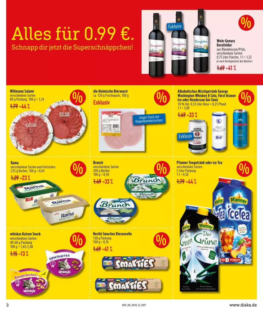 Aktueller Prospekt Diska - Prospekte - von 21.02 bis 26.02.2022 - strona 3 - produkty: alkohol, Becher, bier, cola, dornfelder, enders, flasche, getränk, gin, ice tea, nuss, pfanne, Pfanner, rama, salami, smarties, snack, tee, Ti, tonic, wein, whiskas, whiskey, wiltmann, wurst