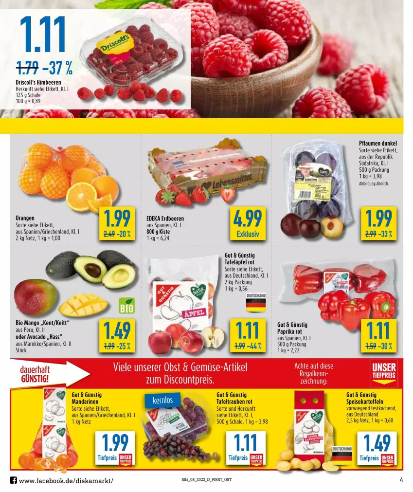 Aktueller Prospekt Diska - Prospekte - von 21.02 bis 26.02.2022 - strona 4 - produkty: avocado, beere, beeren, bio, deka, eis, erdbeere, erdbeeren, himbeer, himbeere, himbeeren, kartoffel, kartoffeln, mandarine, mandarinen, mango, orange, orangen, paprika, paprika rot, pflaume, pflaumen, reis, Schal, Schale, speisekartoffeln, tafeläpfel, tafeltrauben, Ti, tiefpreis, trauben