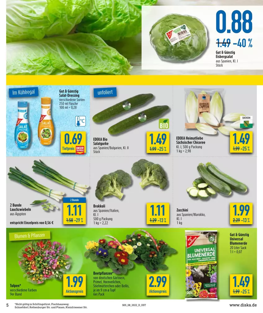 Aktueller Prospekt Diska - Prospekte - von 21.02 bis 26.02.2022 - strona 5 - produkty: aktionspreis, beetpflanzen, bio, blume, blumen, blumenerde, brokkoli, burger, deka, dressing, edeka bio, eis, eisbergsalat, erde, fisch, flasche, gurke, Lauchzwiebel, lauchzwiebeln, LG, pflanze, pflanzen, reis, sac, salat, Salatgurke, Ti, topf, zucchini, zwiebel, zwiebeln