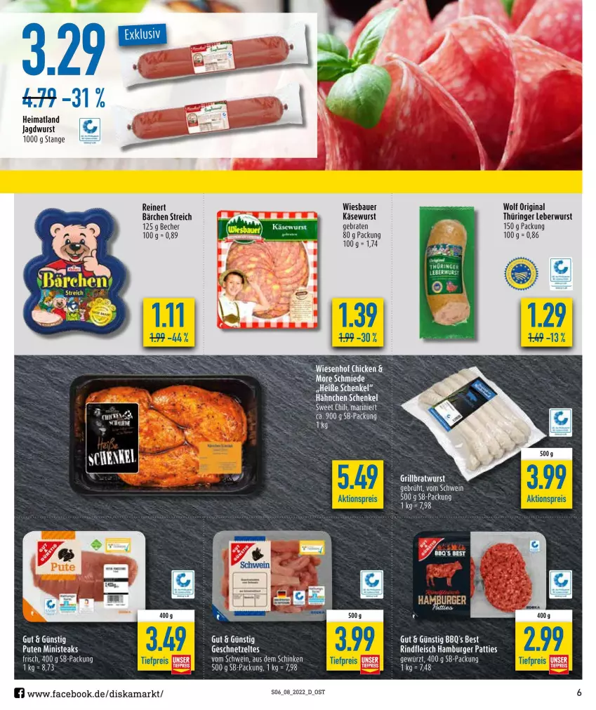 Aktueller Prospekt Diska - Prospekte - von 21.02 bis 26.02.2022 - strona 6 - produkty: aktionspreis, auer, Bau, Bauer, Becher, braten, burger, chili, eier, eis, fleisch, geschnetzeltes, gin, hamburger, henkel, jagdwurst, Käse, Käsewurst, leberwurst, original thüringer, pute, reinert, reis, rind, rindfleisch, ring, schenkel, steak, steaks, tee, Ti, tiefpreis, wiesbauer, wurst, Zelt