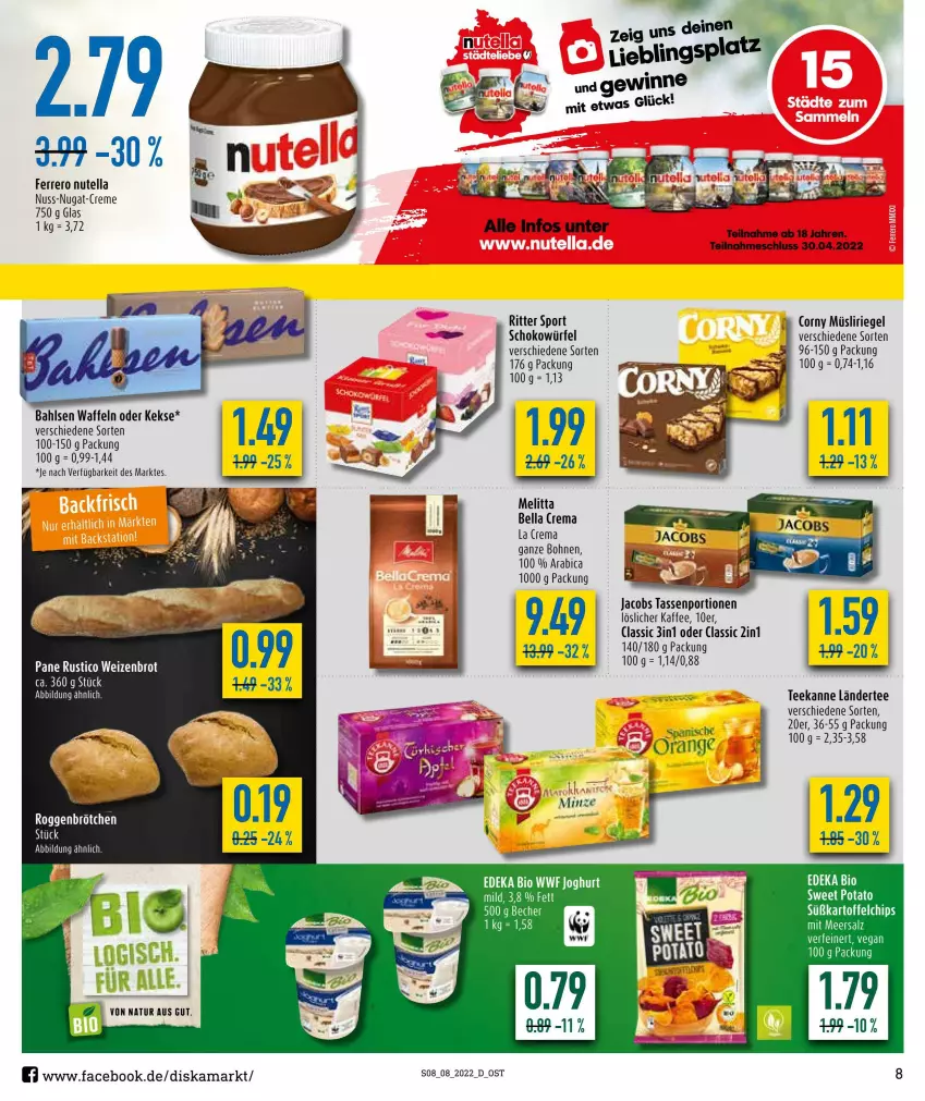 Aktueller Prospekt Diska - Prospekte - von 21.02 bis 26.02.2022 - strona 8 - produkty: bahlsen, bio, bohne, bohnen, chips, corny, deka, edeka bio, ferrero, jacobs, kaffee, kartoffel, kartoffelchips, keks, kekse, Ländertee, löslicher kaffee, meersalz, melitta, müsli, Müsliriegel, natur, nuss, nutella, riegel, ritter, salz, schoko, schokowürfel, tee, teekanne, waffeln, würfel