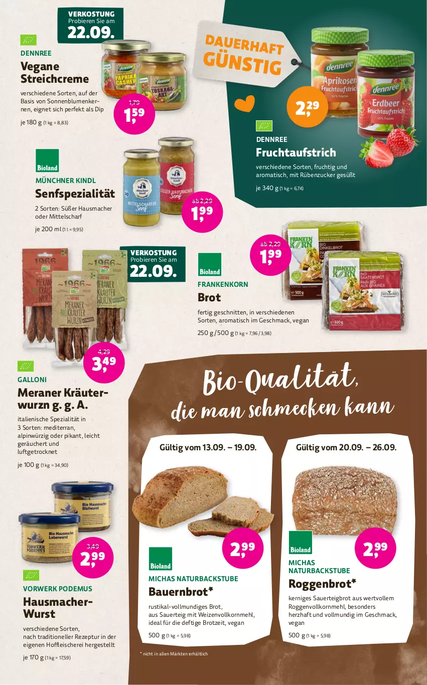 Aktueller Prospekt Denns Biomarkt - Prospekte - von 13.09 bis 26.09.2023 - strona 11 - produkty: auer, aufstrich, Bau, Bauer, bier, Biere, bio, blume, blumen, brot, creme, dennree, dip, eis, elle, fleisch, Fleischerei, frucht, fruchtaufstrich, gallo, Hausmacher, korn, kräuter, mac, mehl, natur, rezept, rwe, Schere, schnitten, senf, sonnenblume, sonnenblumen, Sonnenblumenkerne, sonnenblumenkernen, Spezi, stube, Ti, tisch, wurst, zucker