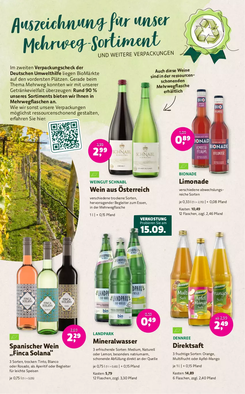 Aktueller Prospekt Denns Biomarkt - Prospekte - von 13.09 bis 26.09.2023 - strona 14 - produkty: Alwa, aperitif, apfel, bier, Biere, bio, bionade, dennree, direktsaft, eis, elle, flasche, frucht, getränk, getränke, Liege, limo, limonade, mango, mineralwasser, natur, orange, rel, rwe, saft, Ti, wasser, wein, weine