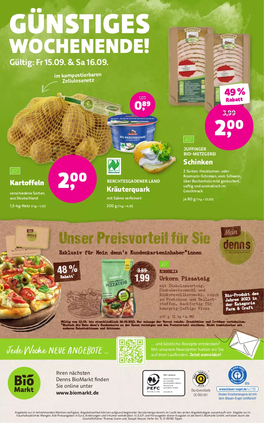 Aktueller Prospekt Denns Biomarkt - Prospekte - von 13.09 bis 26.09.2023 - strona 16 - produkty: angebot, angebote, auer, ball, bio, blume, blumen, buch, Clin, decke, drucker, eis, elle, Engel, Heu, Holz, kartoffel, kartoffeln, kerze, korn, kräuter, Laufen, mac, mehl, pizza, Pizzateig, preisvorteil, quark, reis, rezept, rezepte, rosmarin, saft, sahne, schinken, schwein, Stier, Ti, tisch, trolli, urkorn, wein, weizenmehl, ZTE