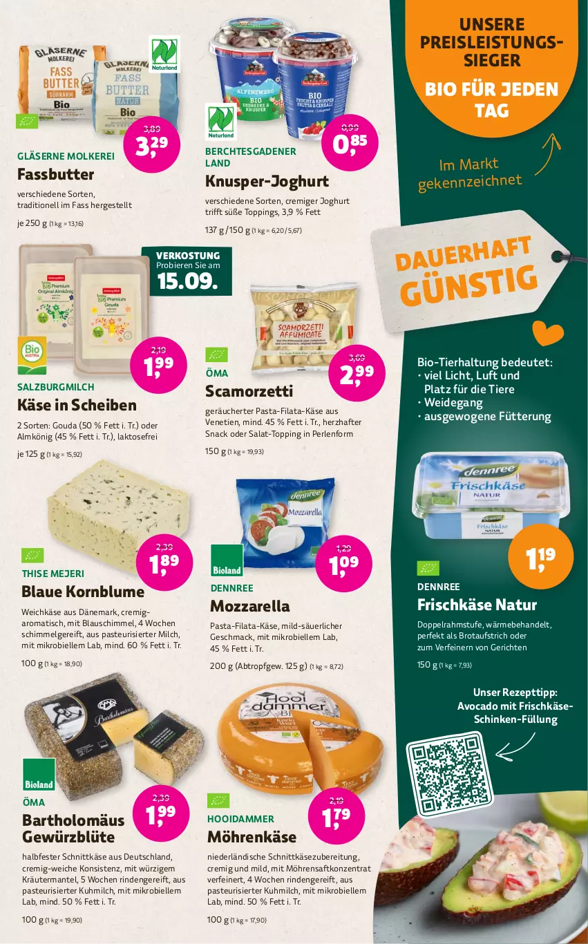 Aktueller Prospekt Denns Biomarkt - Prospekte - von 13.09 bis 26.09.2023 - strona 5 - produkty: Almkönig, auer, aufstrich, avocado, bier, Biere, bio, blume, Blüte, brot, brotaufstrich, butter, dennree, doppelrahmstufe, eis, elle, frischkäse, gewürz, Gläser, gouda, halbfester schnittkäse, joghur, joghurt, Käse, korn, kräuter, LG, mac, Mantel, milch, möhren, mozzarella, natur, pasta, perlen, reis, rel, rezept, rind, saft, salat, salz, SalzburgMilch, schinken, schnittkäse, snack, Ti, Tiere, tisch, weichkäse