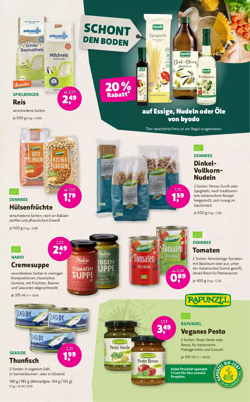 Aktueller Prospekt Denns Biomarkt - Prospekte - von 13.09 bis 26.09.2023 - strona 9 - produkty: ball, basilikum, beere, beeren, Berger, bio, blume, blumen, creme, cremesuppe, dennree, eis, elle, erde, essig, fisch, früchte, früchten, fusilli, gewürz, gnocchi, hülsenfrüchte, in olivenöl, italienische pasta, korn, mac, nudel, nudeln, nuss, olive, oliven, olivenöl, pasta, Pastagericht, penne, pesto, regal, reis, rezept, saft, sauce, saucen, senf, sonnenblume, sonnenblumen, spaghetti, suppe, thunfisch, Ti, tomate, tomaten, Tomaten Cremesuppe, Yo