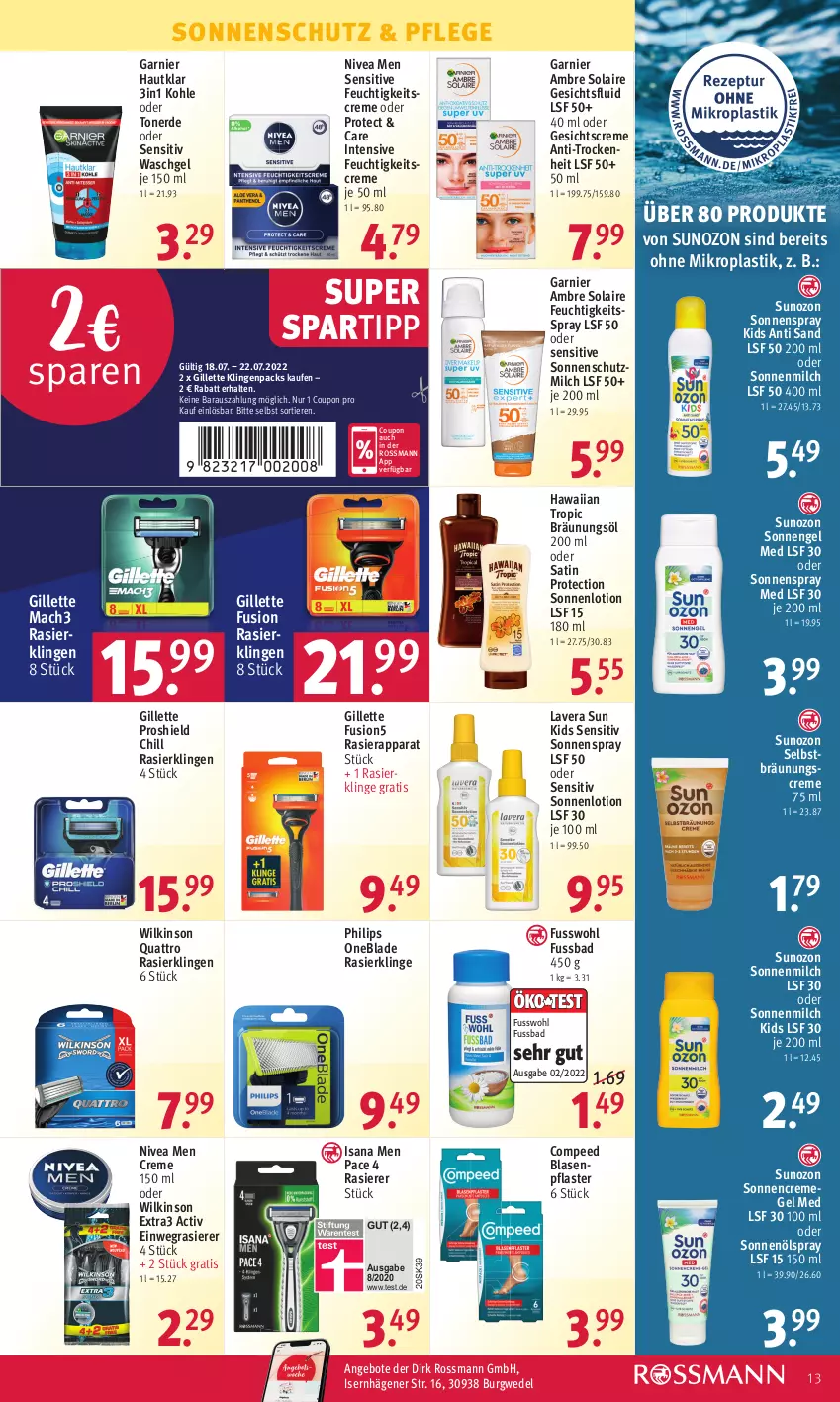 Aktueller Prospekt Rossmann - Prospekte - von 18.07 bis 22.07.2022 - strona 13 - produkty: Ambre Solaire, angebot, angebote, asti, Bad, Blasenpflaster, Bräunungsöl, Compeed, coupon, creme, einwegrasierer, Engel, erde, feuchtigkeitscreme, fusion5, Fusswohl, garnier, Gesichtscreme, gillette, isana, lavera, Lotion, mac, mach3, milch, nivea, Nivea Men, pflaster, Philips, rasierapparat, rasierer, Rasierklinge, rasierklingen, sana, sonnencreme, sonnenmilch, sonnenschutz, sonnenspray, spartipp, Ti, Tiere, Toner, waschgel, wedel, wilkinson