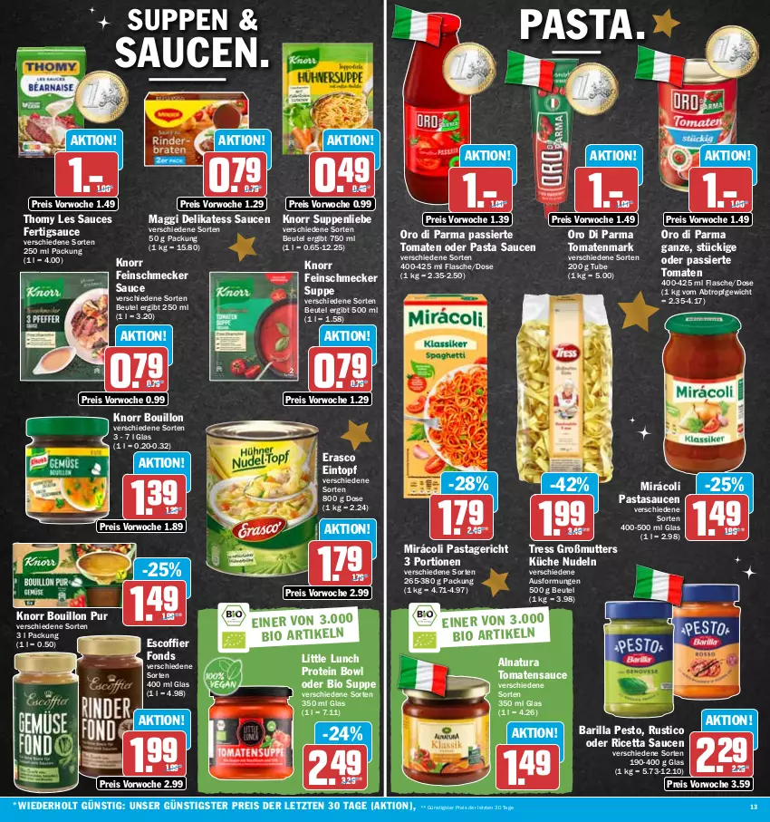 Aktueller Prospekt Hit - Prospekte - von 12.12 bis 17.12.2022 - strona 13 - produkty: barilla, beutel, bio, delikatess sauce, eintopf, eis, erasco, feinschmecker, flasche, knorr, küche, maggi, Mirácoli, natur, natura, nudel, nudeln, oro di parma, pasta, Pasta Sauce, Pastagericht, pesto, reis, sauce, saucen, suppe, suppen, suppenliebe, thomy, thomy les sauces, Ti, tomate, tomaten, tomatenmark, tomatensauce, topf, ZTE