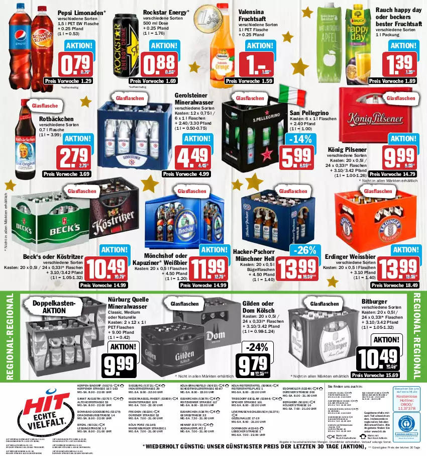 Aktueller Prospekt Hit - Prospekte - von 12.12 bis 17.12.2022 - strona 20 - produkty: Alwa, angebot, angebote, auer, Bad, Beckers Bester, bier, bitburger, braun, bügel, bügelflasche, burger, drucker, eimer, eis, elle, Engel, erdinger, fisch, flasche, frucht, fruchtsaft, gerolsteine, gerolsteiner, glasflasche, Happy Day, kerze, könig pilsener, köstritzer, limo, limonade, limonaden, Lübecker, mineralwasser, mönchshof, natur, pepsi, pils, pilsener, Rauch, reis, rel, Rockstar, saft, san pellegrino, steiner, Ti, uhr, valensina, wasser, weissbier, ZTE