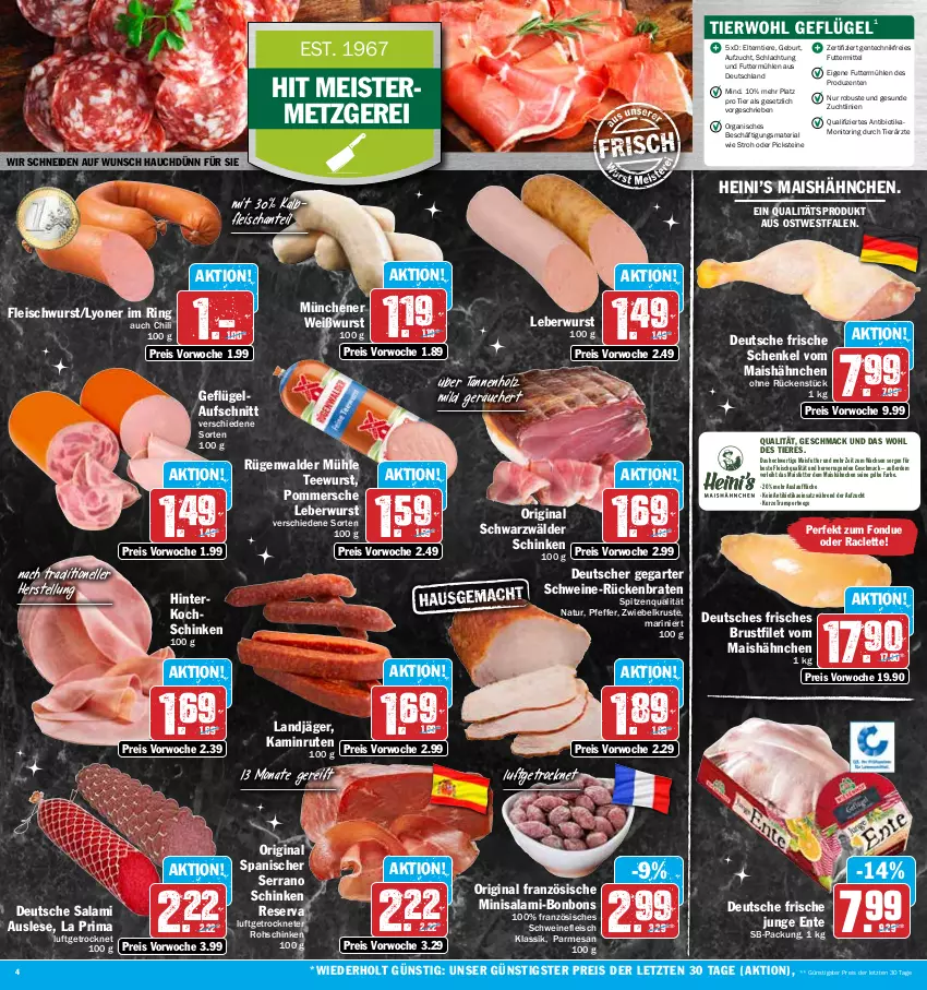 Aktueller Prospekt Hit - Prospekte - von 12.12 bis 17.12.2022 - strona 4 - produkty: auer, aufschnitt, Bau, Bauer, bio, bonbons, braten, brustfilet, chili, eis, elle, ente, erde, filet, fleisch, fleischwurst, Fondue, Geflügel, gin, henkel, hinterkochschinken, Holz, Kalbfleisch, Kamin, kochschinken, landjäger, leberwurst, lyoner, mac, mais, Meister, monitor, natur, nuss, pfeffer, Pommersche, reis, Ria, ring, rohschinken, Rückenbraten, rügenwalder, rügenwalder mühle, salami, schenkel, schinken, schwein, schweine, schweinefleisch, serrano, serrano schinken, spitzenqualität, Sport, tee, teewurst, Ti, Tiere, wein, weine, Weißwurst, wurst, Yo, ZTE, zwiebel