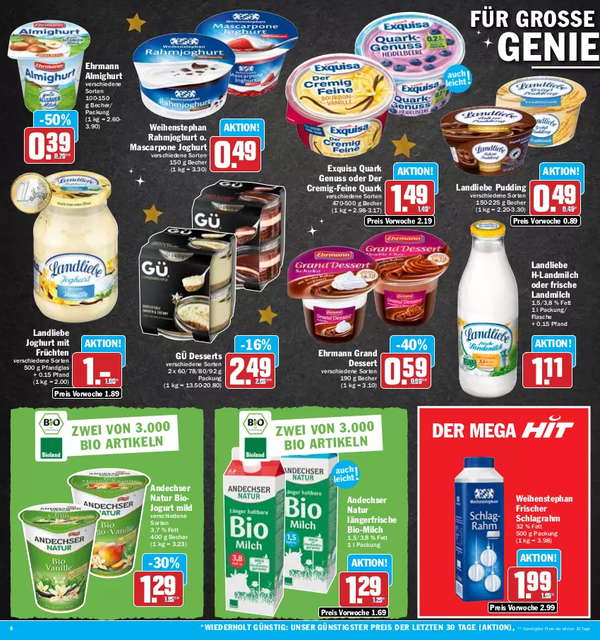 Aktueller Prospekt Hit - Prospekte - von 12.12 bis 17.12.2022 - strona 8 - produkty: almighur, almighurt, andechser natur, Becher, bio, dessert, desserts, ehrmann, ehrmann almighurt, Ehrmann Grand Dessert, eis, exquisa, flasche, früchte, früchten, joghur, joghurt, jogurt, landliebe, landliebe joghurt, landmilch, mascarpone, milch, natur, nuss, pudding, quark, quark genus, quark genuss, rahmjoghurt, reis, schlagrahm, Ti, weihenstephan, ZTE