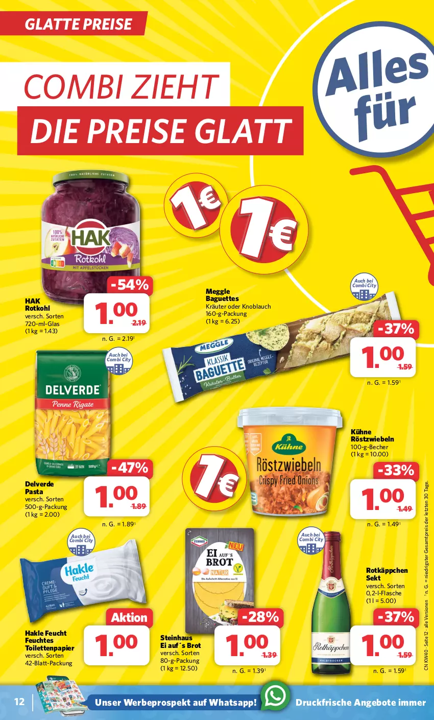 Aktueller Prospekt Combi - Prospekte - von 02.10 bis 07.10.2023 - strona 13 - produkty: angebot, angebote, baguette, baguettes, Becher, brot, eis, erde, feuchtes toilettenpapier, flasche, hakle, knoblauch, kräuter, Kühne, latte, meggle, papier, pasta, reis, röstzwiebeln, rotkäppchen, rotkohl, sekt, steinhaus, Ti, toilettenpapier, ZTE, zwiebel, zwiebeln