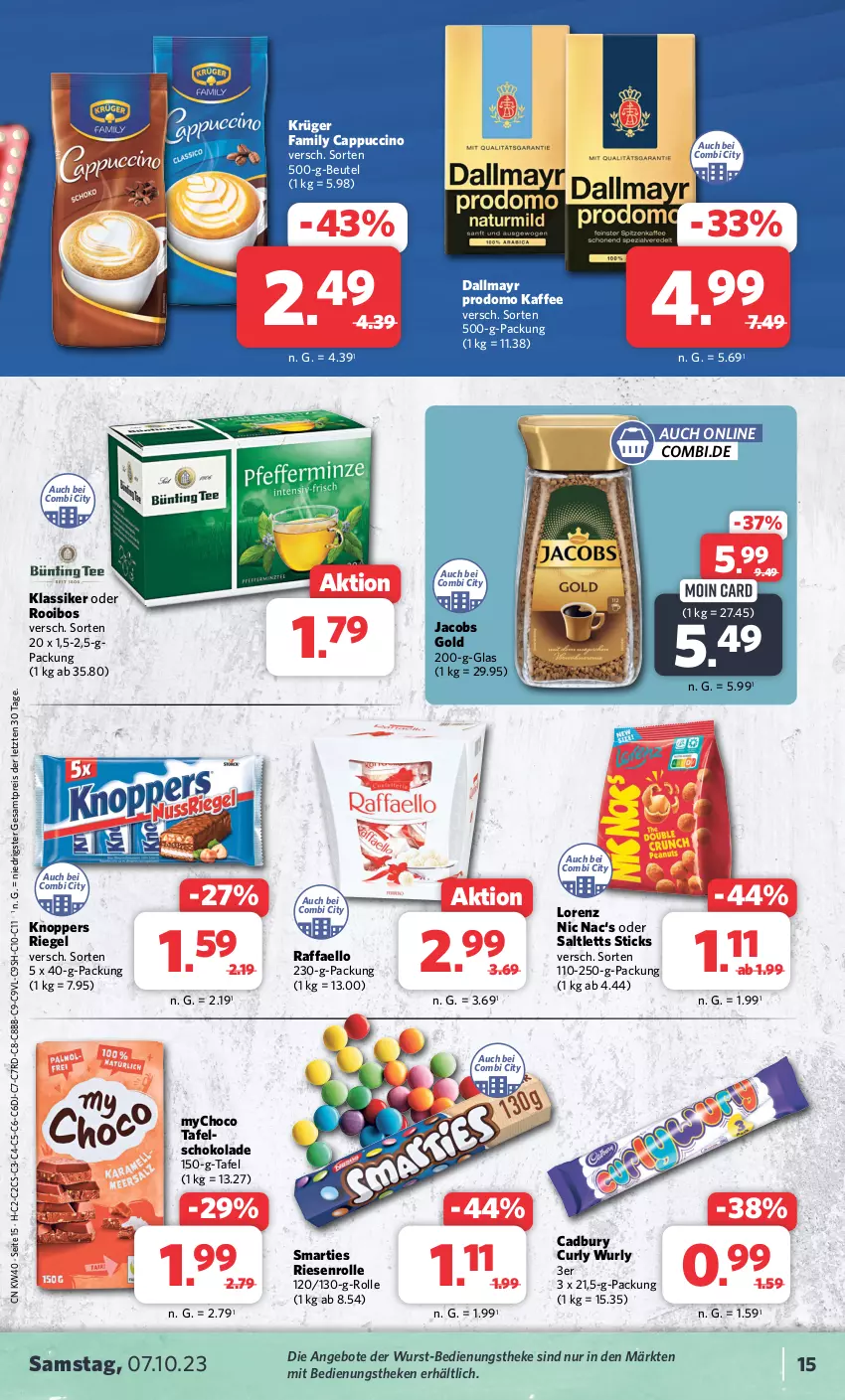 Aktueller Prospekt Combi - Prospekte - von 02.10 bis 07.10.2023 - strona 16 - produkty: angebot, angebote, beutel, Cap, cappuccino, cin, dallmayr, dallmayr prodomo, eis, jacobs, Jacobs Gold, kaffee, knoppers, krüger, lorenz, prodomo, raffaello, reis, riegel, saltletts, schoko, schokolade, smarties, Ti, wurst, ZTE