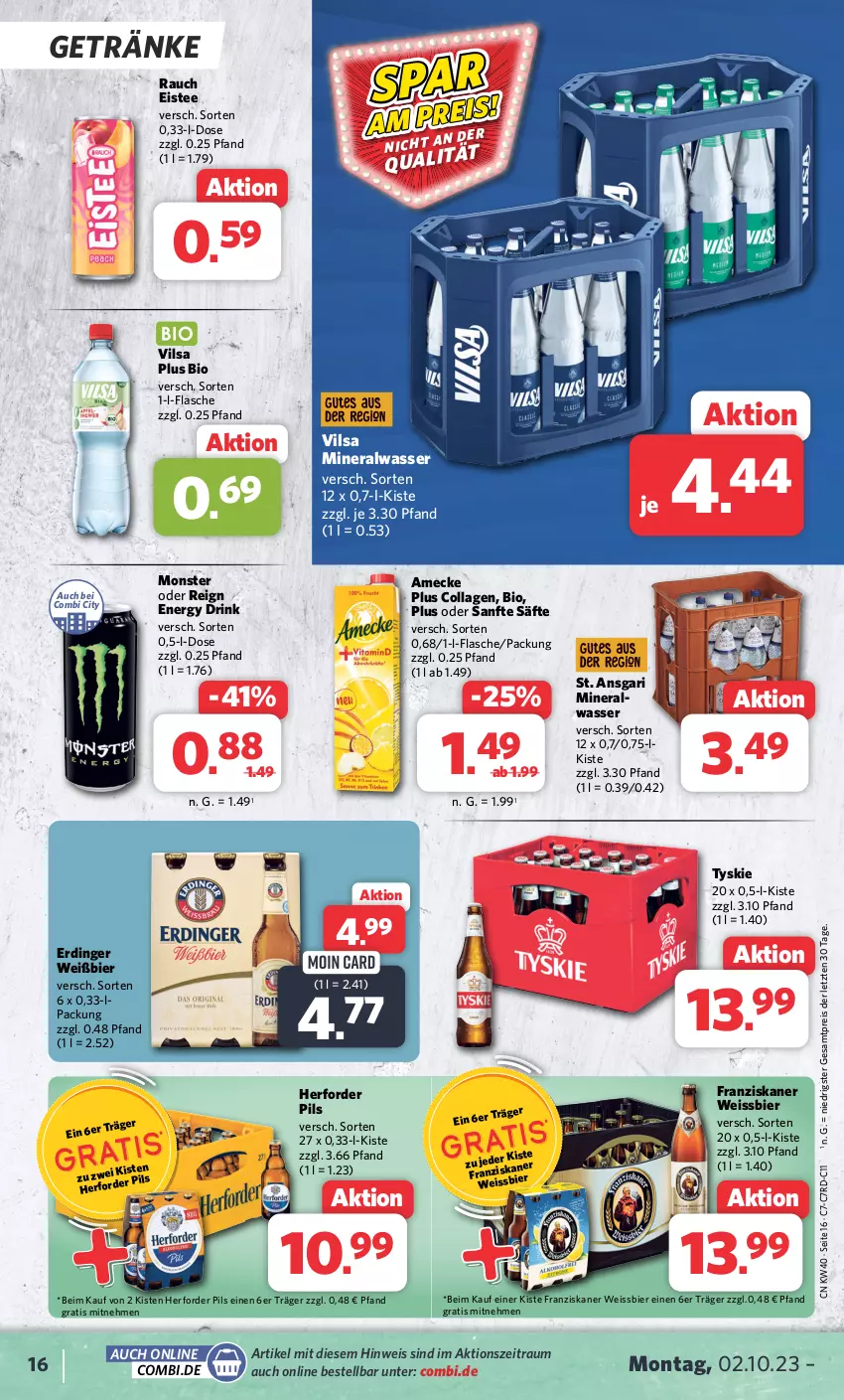 Aktueller Prospekt Combi - Prospekte - von 02.10 bis 07.10.2023 - strona 17 - produkty: Alwa, amecke, bier, bio, Collagen, drink, eis, eistee, energy drink, erdinger, flasche, franziskaner, getränk, getränke, mineralwasser, monster, pils, Rauch, reis, säfte, tee, Ti, tyskie, vilsa, wasser, weissbier, ZTE