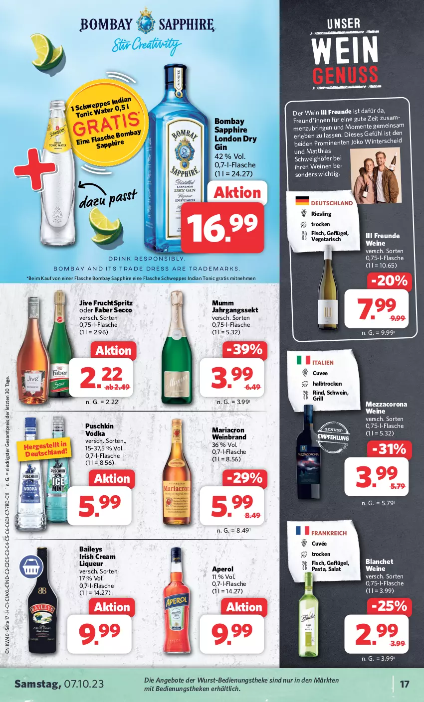 Aktueller Prospekt Combi - Prospekte - von 02.10 bis 07.10.2023 - strona 18 - produkty: angebot, angebote, aperol, baileys, bombay sapphire, corona, cuvée, dry gin, ecco, eis, ente, fisch, flasche, frucht, Geflügel, gin, grill, irish cream, jahrgangssekt, liqueur, london dry, london dry gin, mariacron, mezzacorona, mumm, pasta, puschkin vodka, reis, Ria, riesling, rind, ring, salat, sapphire, schwein, schweppes, sekt, Ti, tonic, Vegeta, vodka, wein, weinbrand, weine, wurst, ZTE