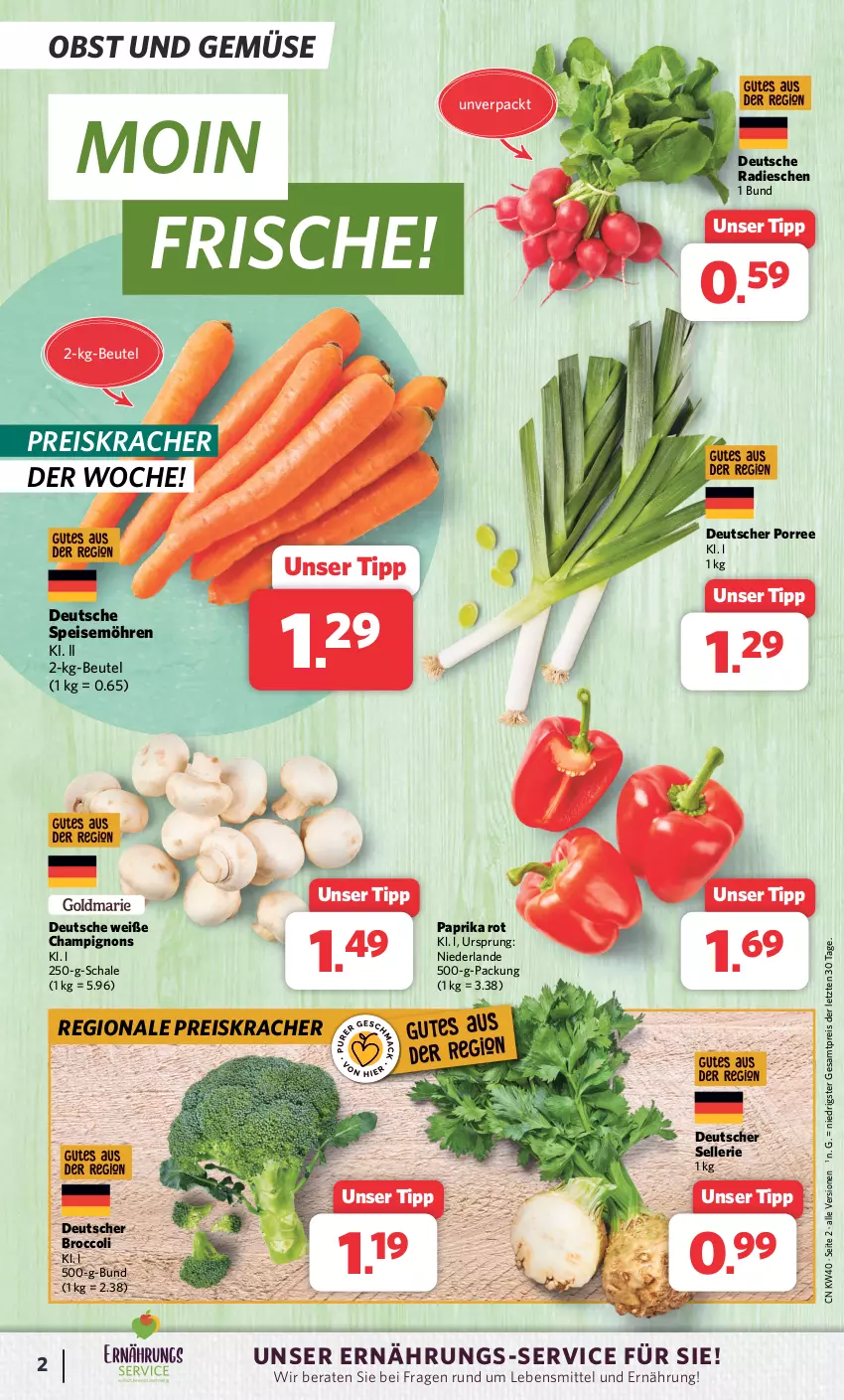 Aktueller Prospekt Combi - Prospekte - von 02.10 bis 07.10.2023 - strona 2 - produkty: beutel, broccoli, champignon, champignons, eis, elle, kracher, lebensmittel, möhren, obst, Obst und Gemüse, paprika, paprika rot, radieschen, reis, Schal, Schale, speisemöhren, Ti, und gemüse, ZTE