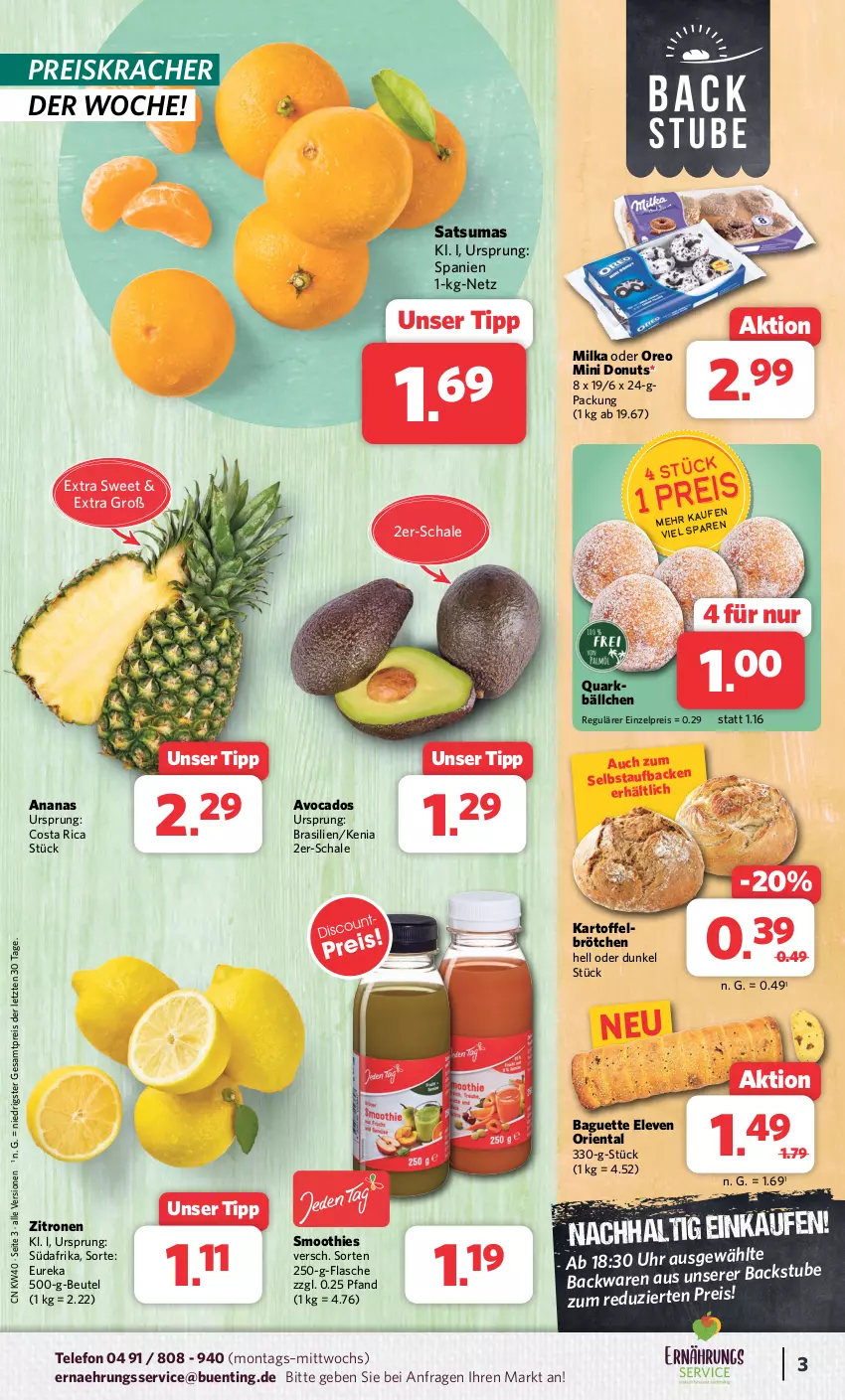 Aktueller Prospekt Combi - Prospekte - von 02.10 bis 07.10.2023 - strona 3 - produkty: ananas, avocado, avocados, backwaren, baguette, beutel, brötchen, Donut, donuts, eis, flasche, kartoffel, kracher, milka, oreo, quark, reis, Schal, Schale, smoothie, smoothies, stube, telefon, Ti, uhr, zitrone, zitronen, ZTE